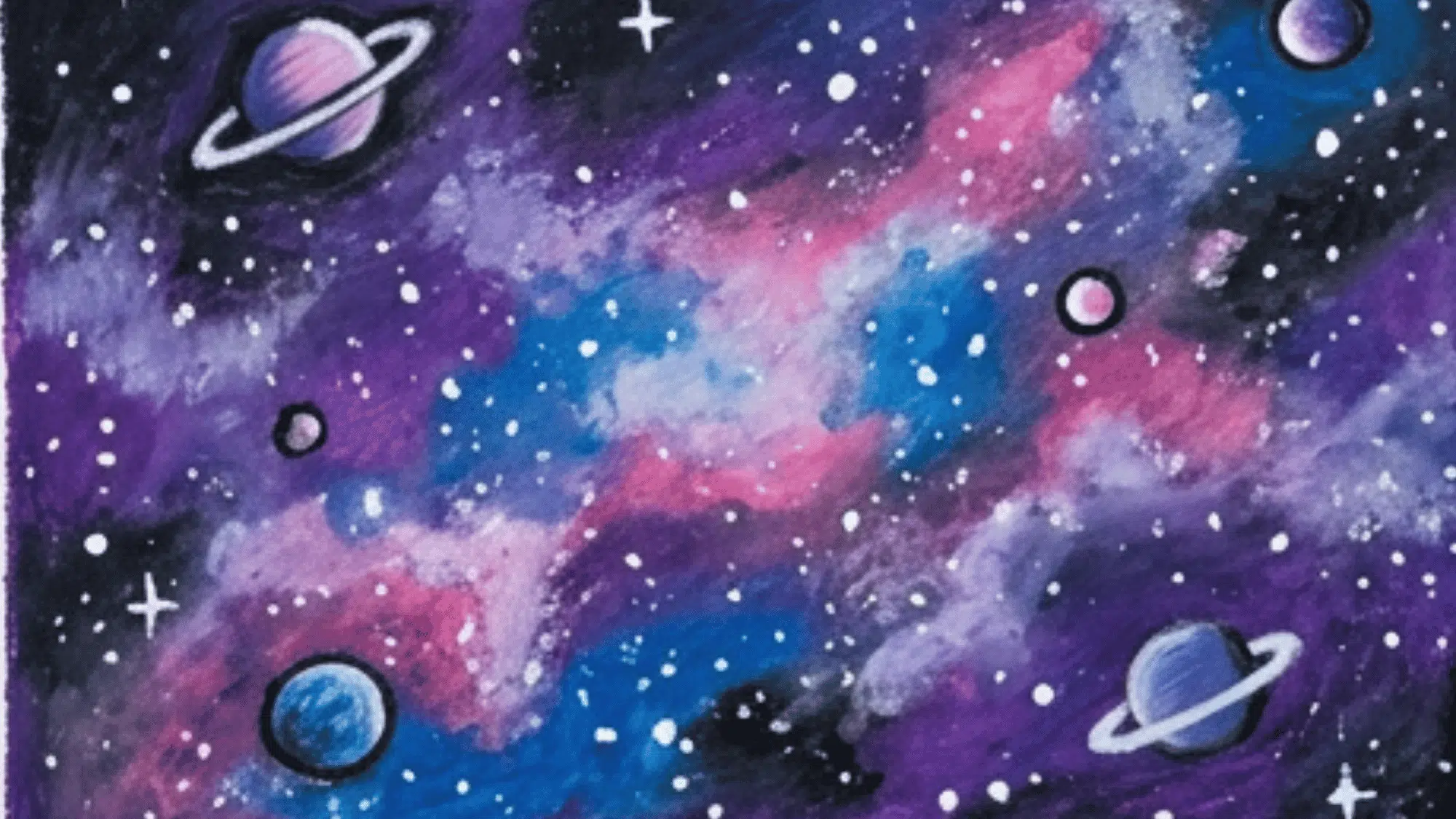 galaxy space painting with planets stars purple clouds and bright cosmic colors