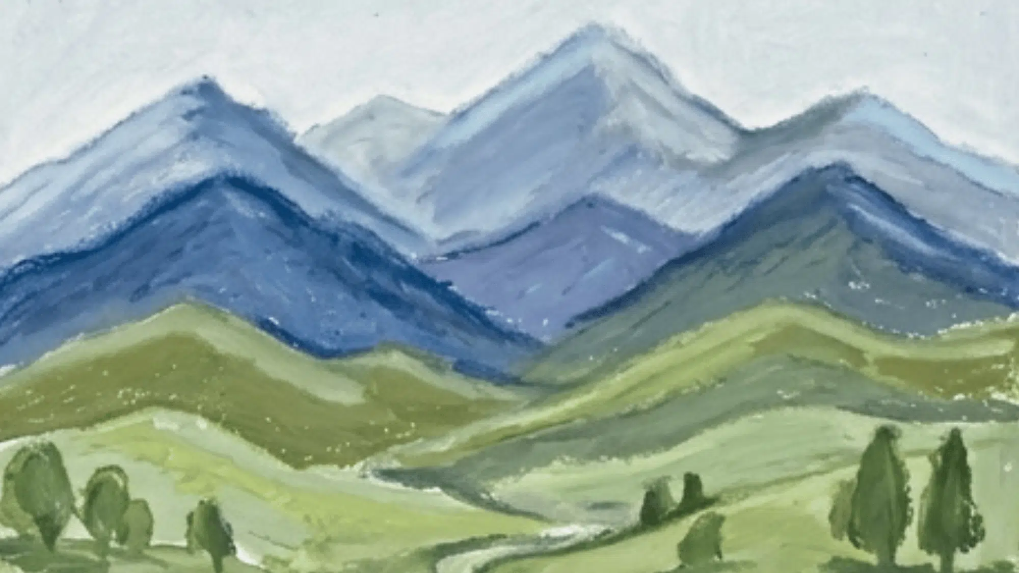 blue mountain valley painting with rolling green hills soft sky and calm natural scenery
