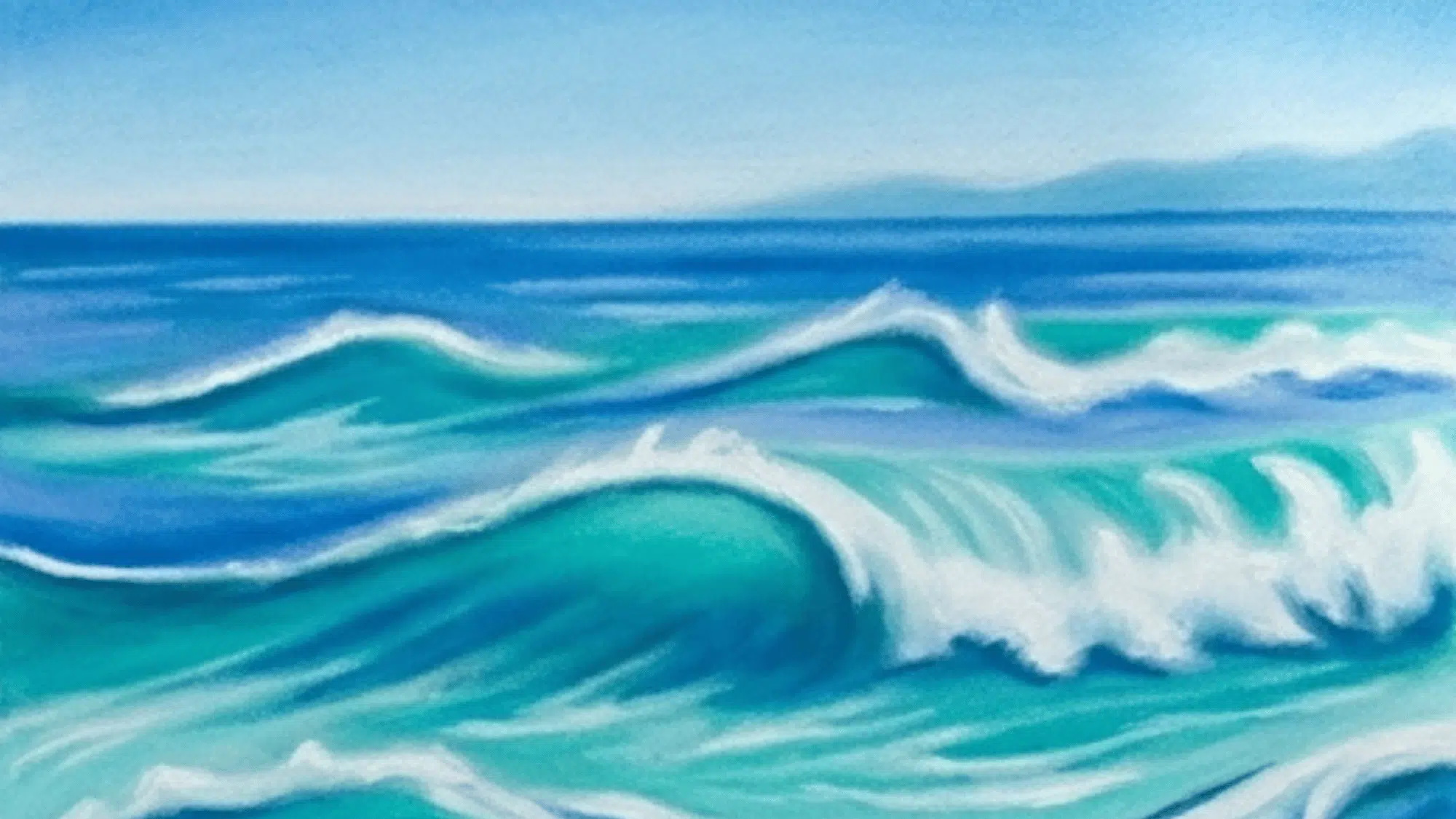 ocean wave painting with turquoise water white foam and soft blue horizon