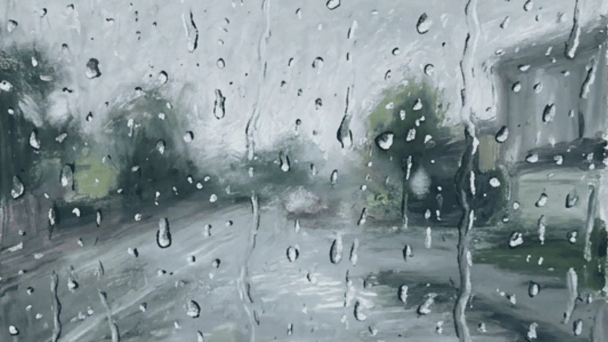 rainy window painting with water drops blurred road and soft gray city mood