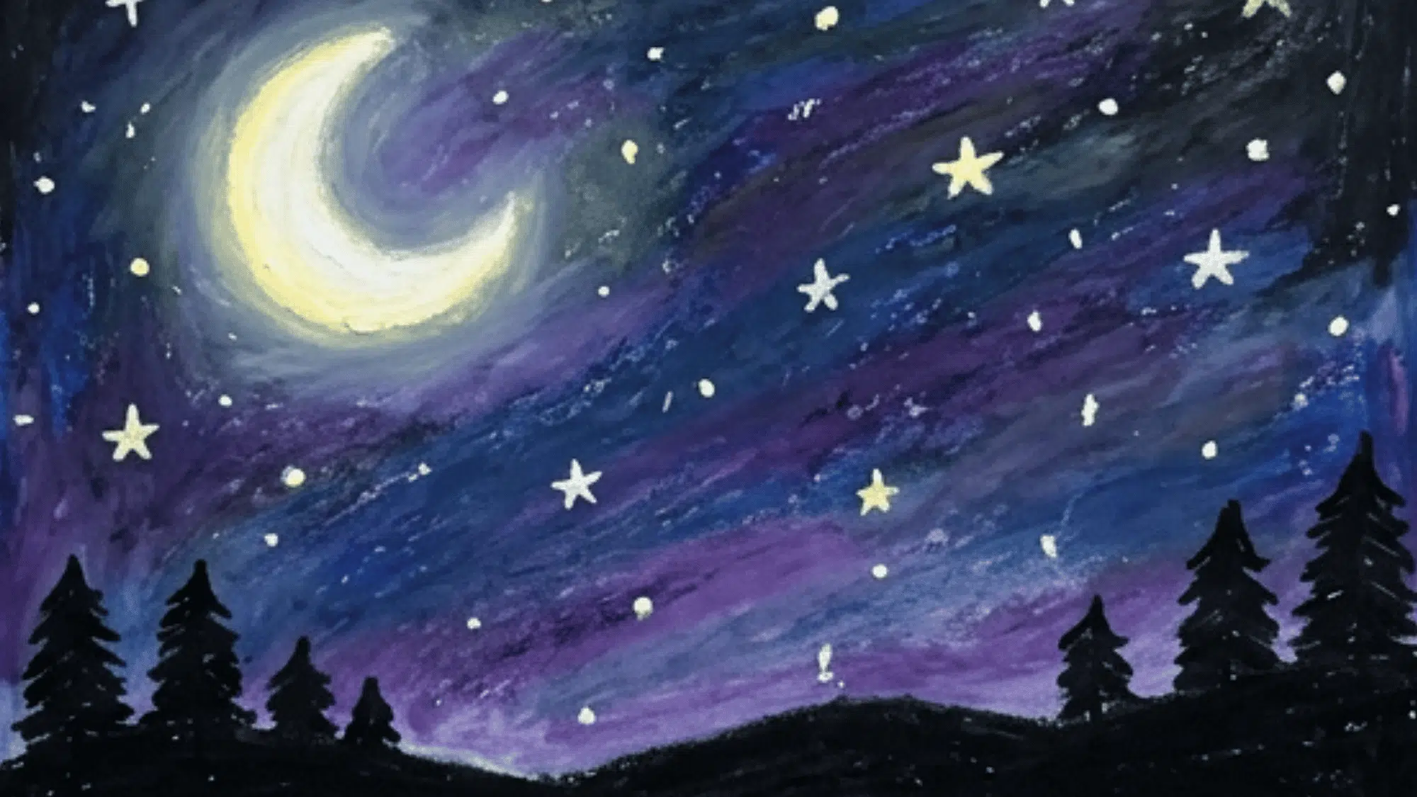 moon and stars painting with dark pine trees glowing crescent and dreamy night sky