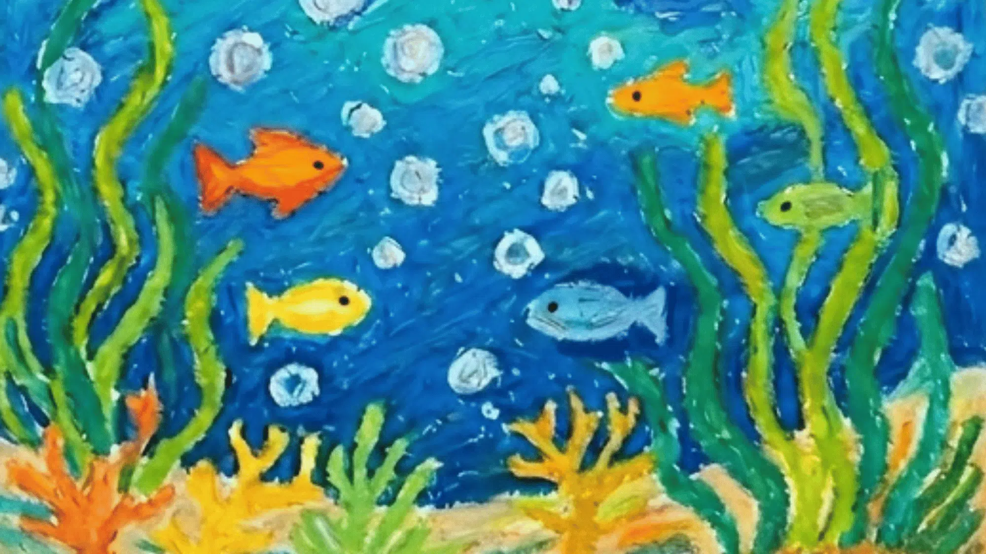 underwater fish painting with seaweed bubbles coral and bright ocean colors