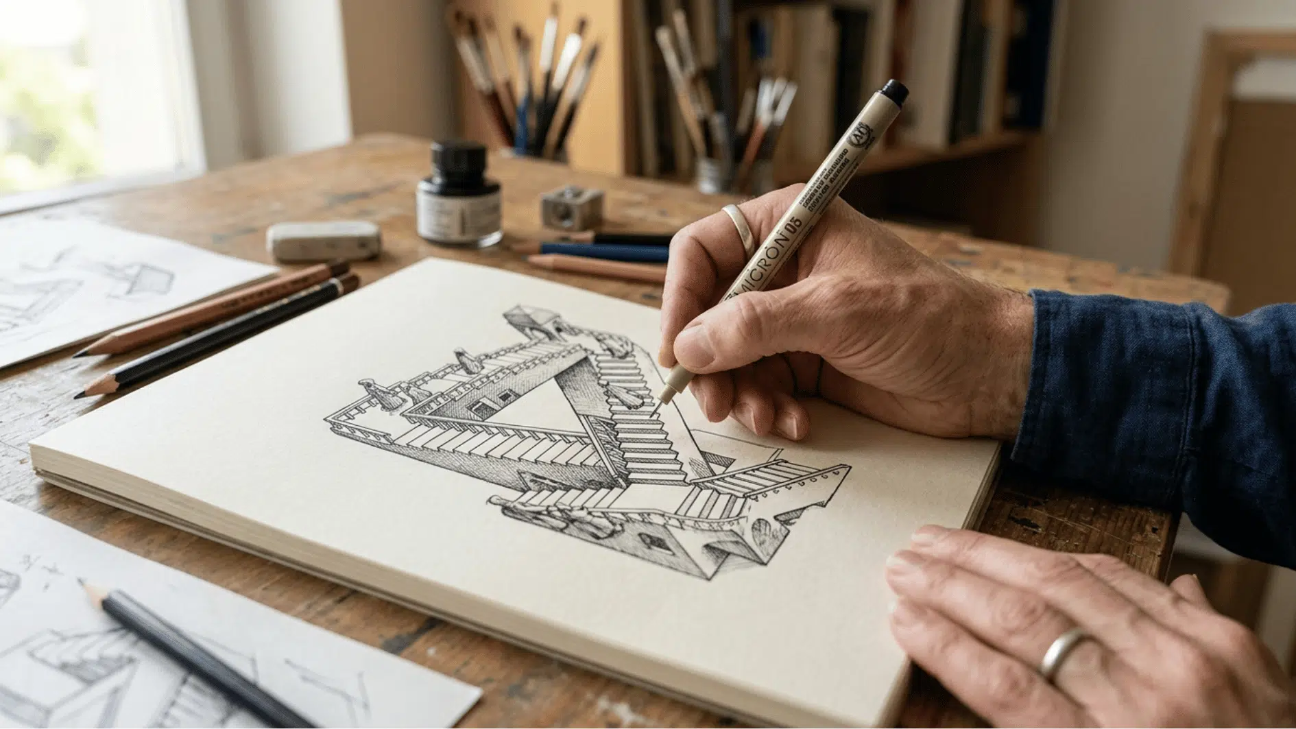 optical illusion hand drawing made with pen and pencils in a sketchfile