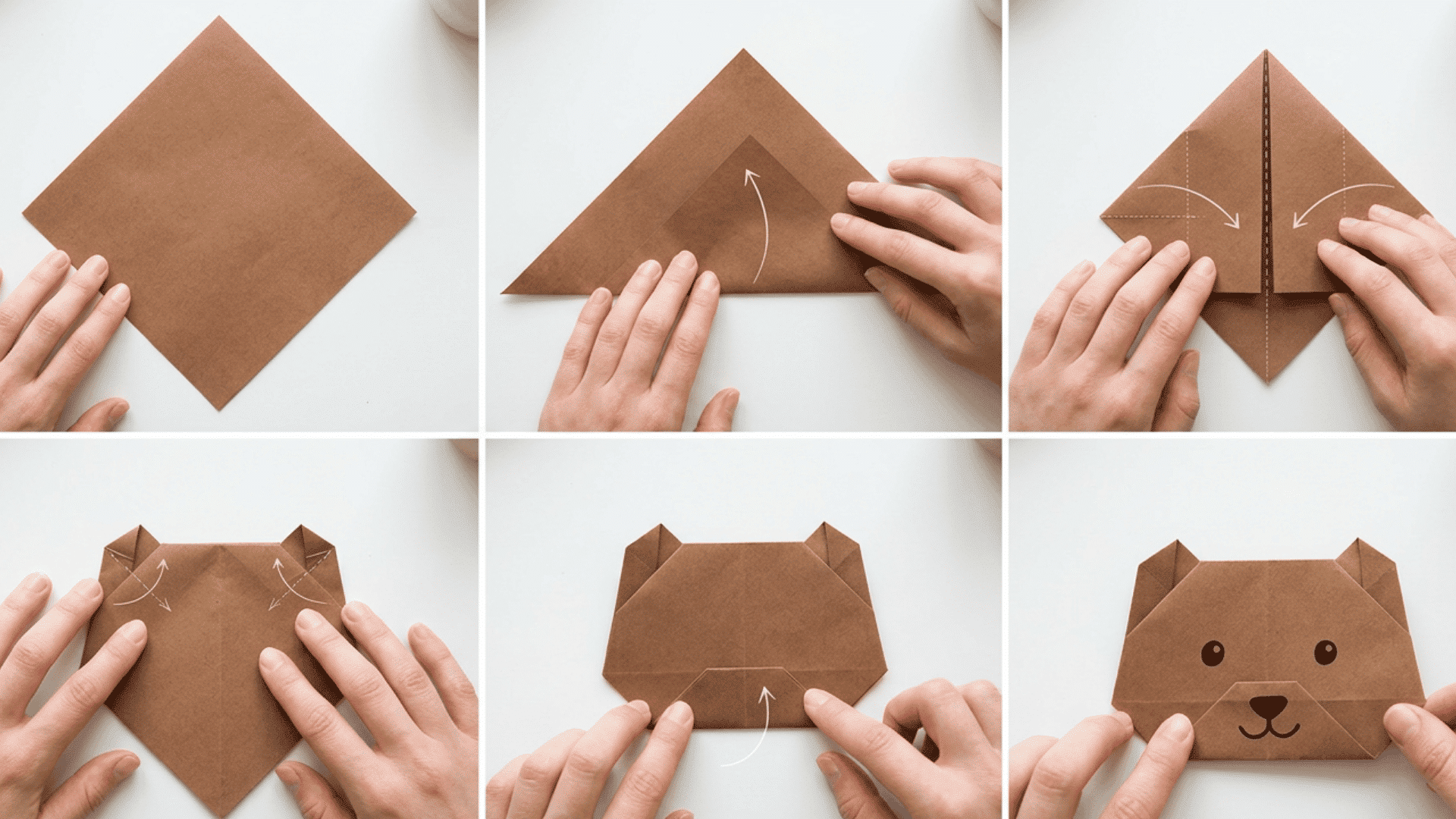 a realistic step-by-step visual tutorial showing how to fold an origami bear face from a square sheet of paper.