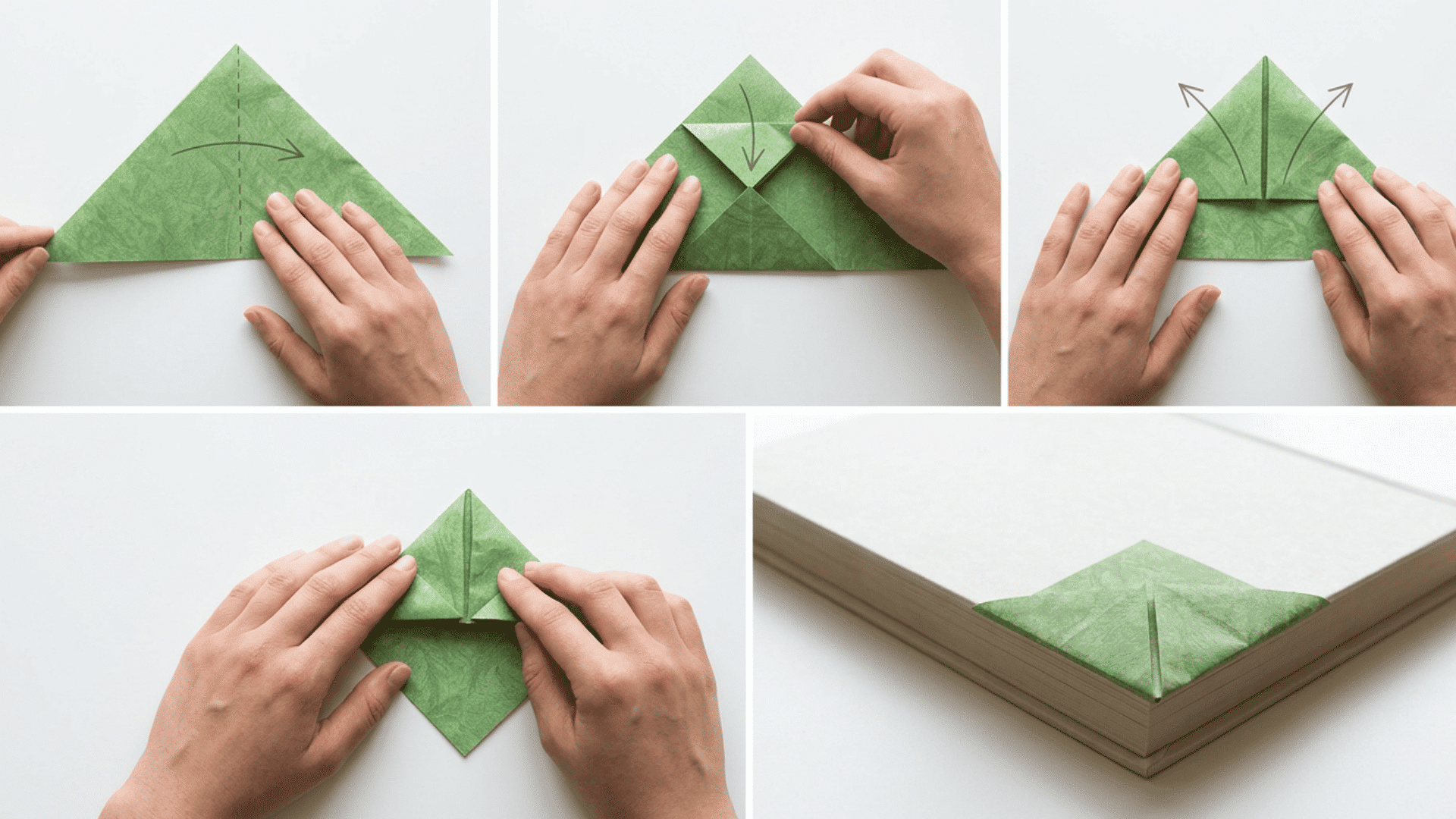 a realistic step-by-step visual tutorial showing how to fold an origami corner bookmark from a square sheet of paper.