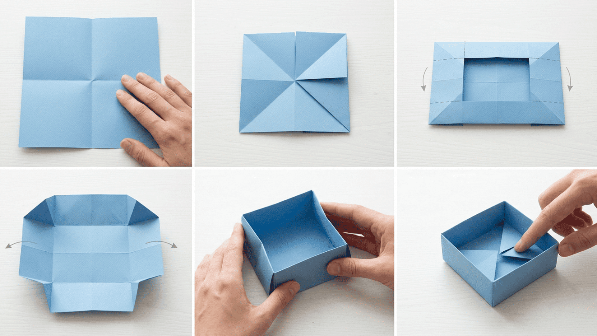 a realistic step-by-step visual tutorial showing how to fold an origami box from a square sheet of paper.