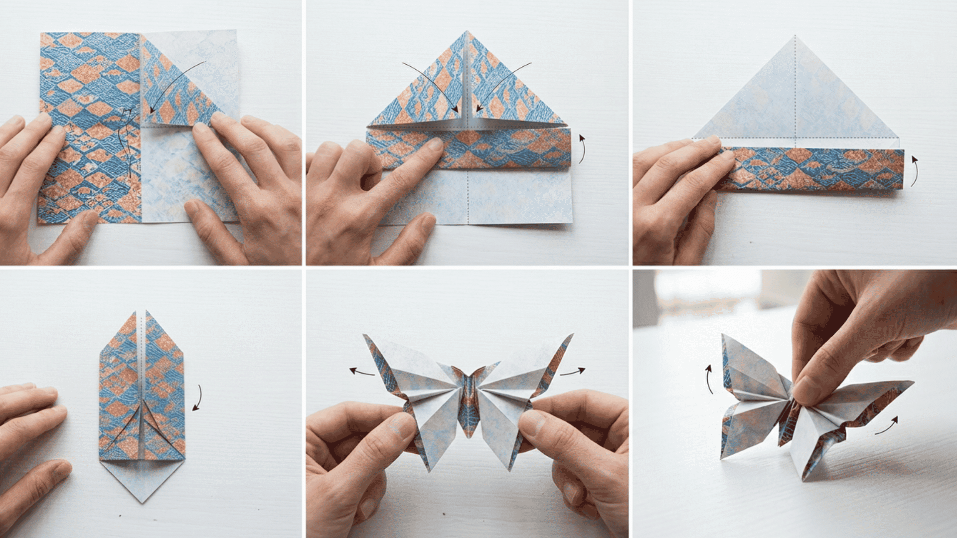 a realistic step-by-step visual tutorial showing how to fold an origami butterfly from a square sheet of paper.
