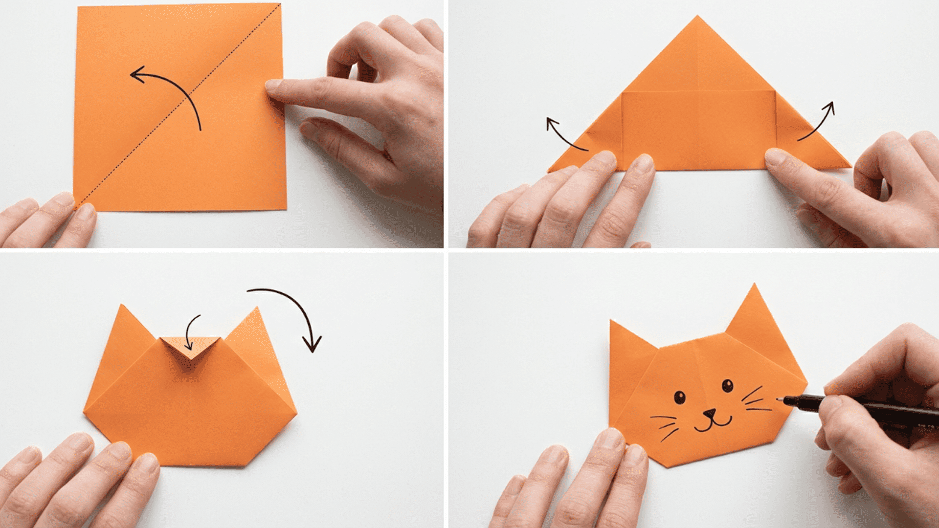 a realistic step-by-step visual tutorial showing how to fold an origami cat face from a square sheet of paper.