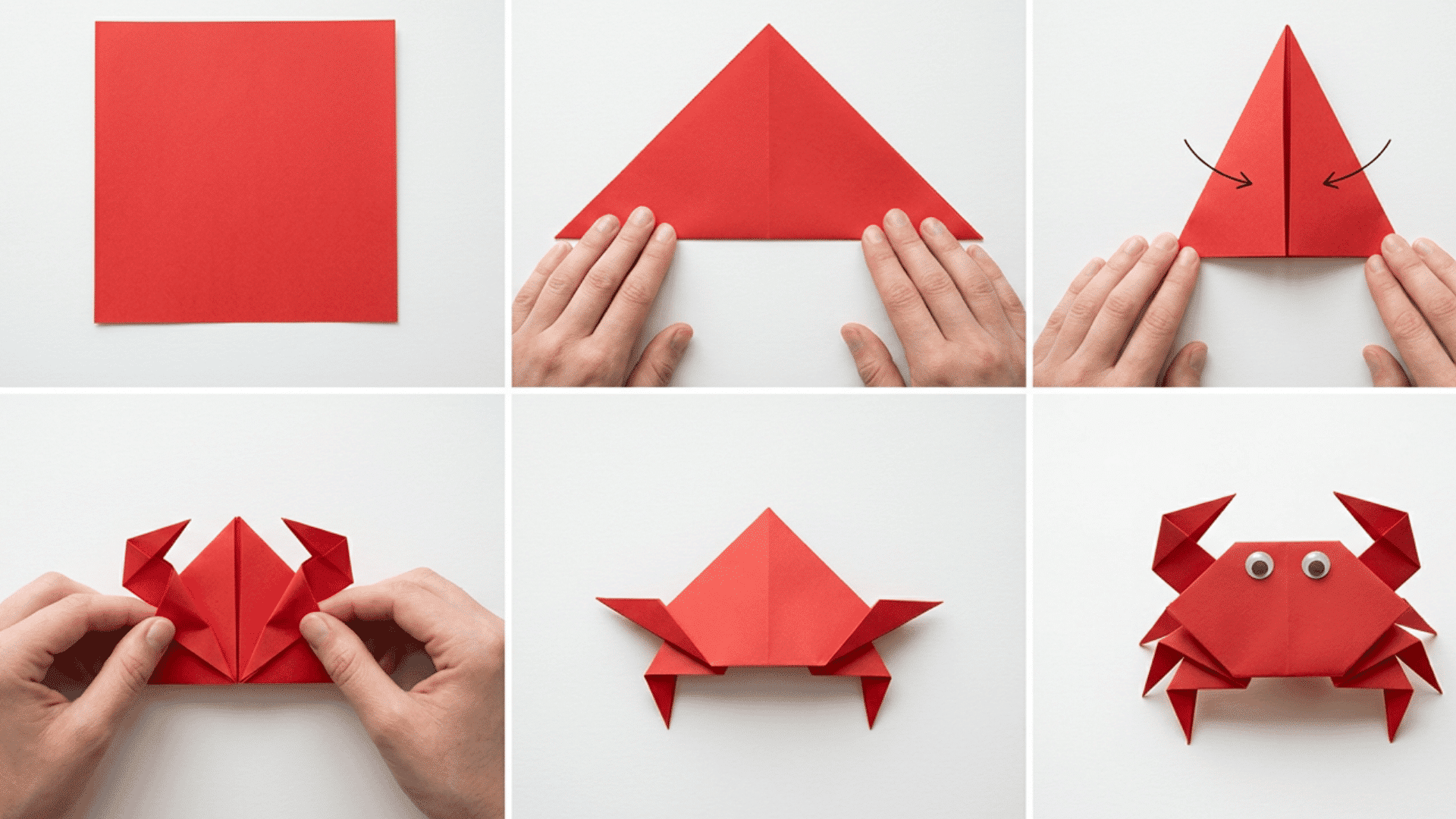 a realistic step-by-step visual tutorial showing how to fold an origami crab from a square sheet of paper.
