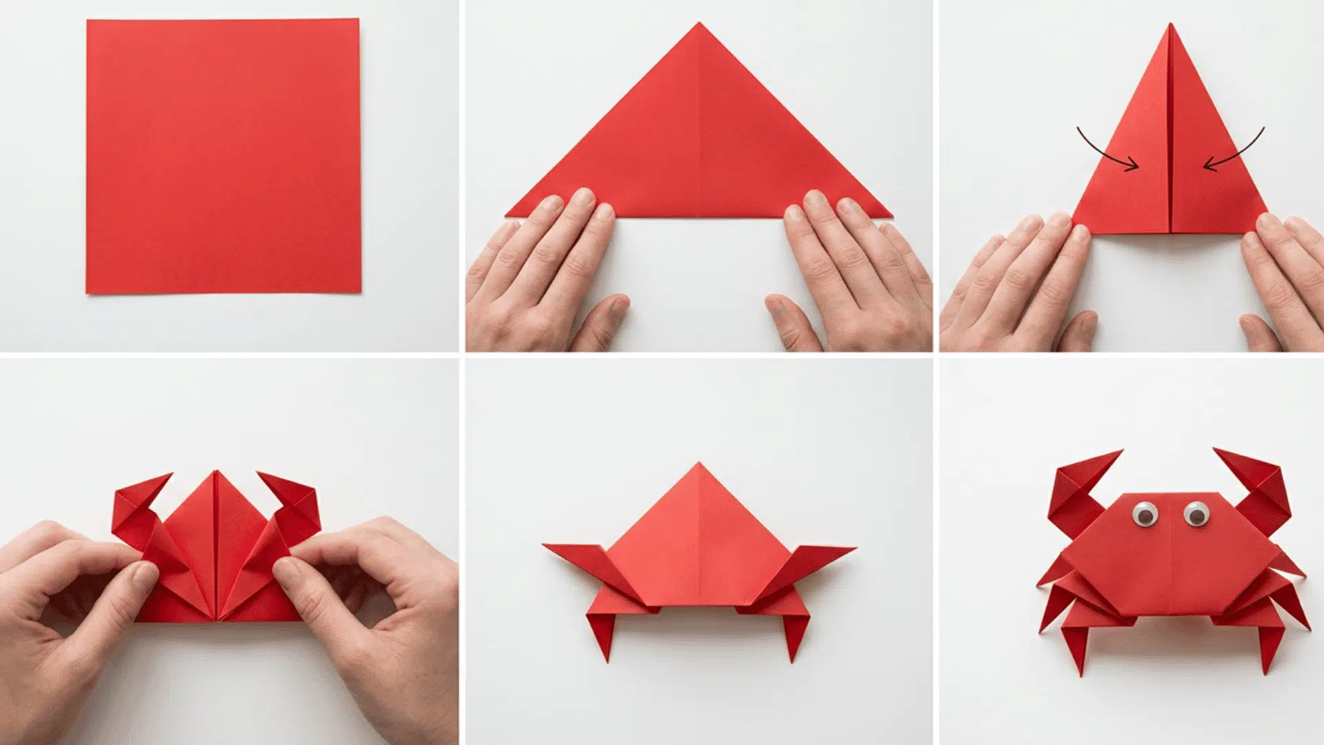a realistic step-by-step visual tutorial showing how to fold an origami crab from a square sheet of paper.