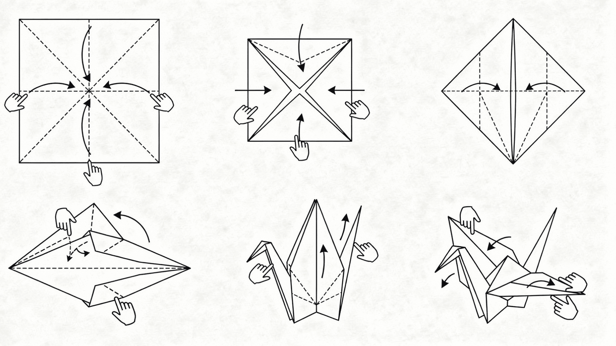 a step-by-step visual tutorial showing how to fold an origami crane from a square paper sheet.