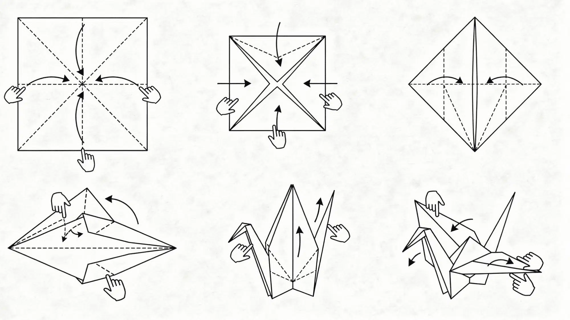 a step-by-step visual tutorial showing how to fold an origami crane from a square paper sheet.