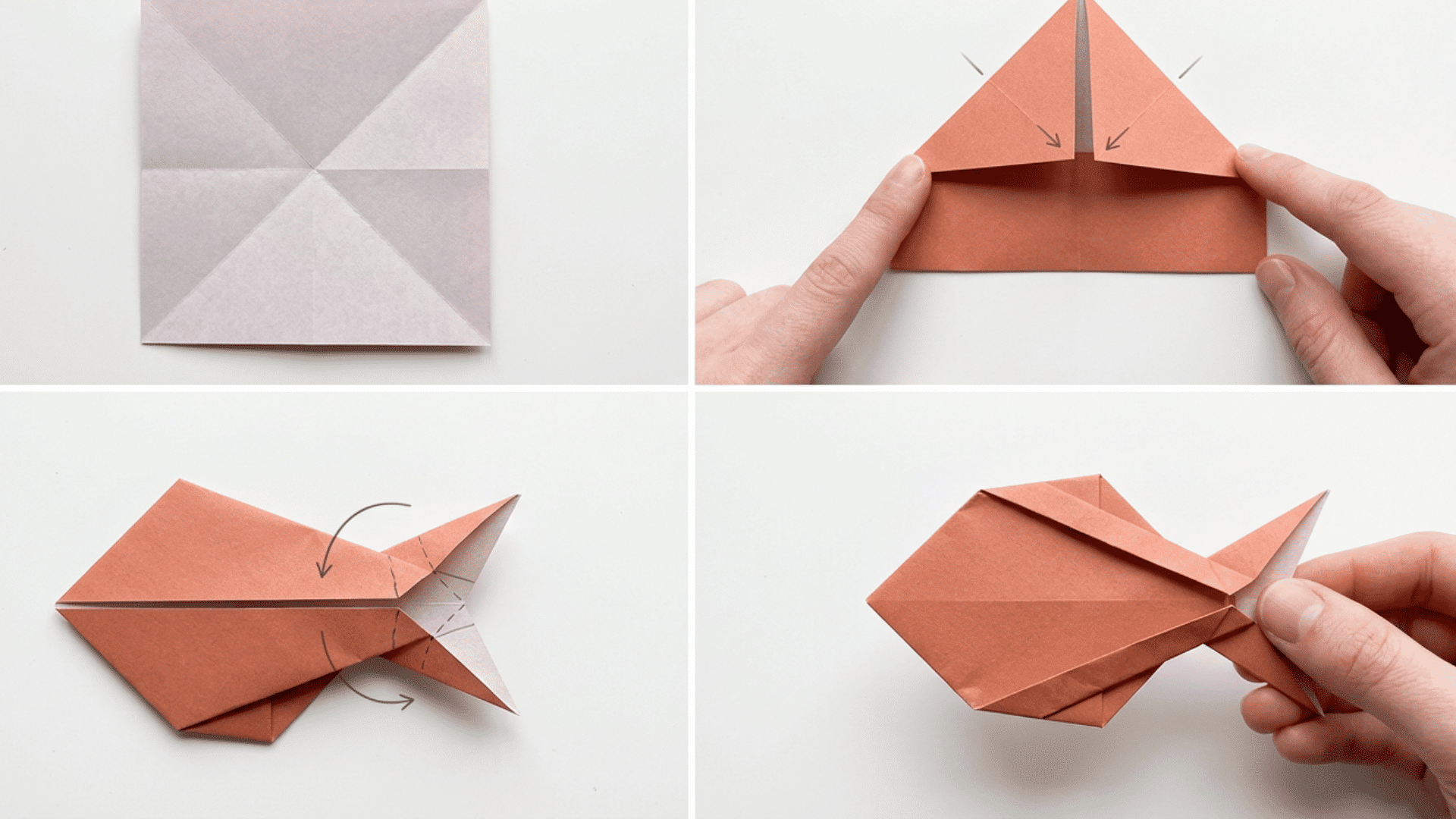 a realistic step-by-step visual tutorial showing how to fold an origami fish from a square sheet of paper.