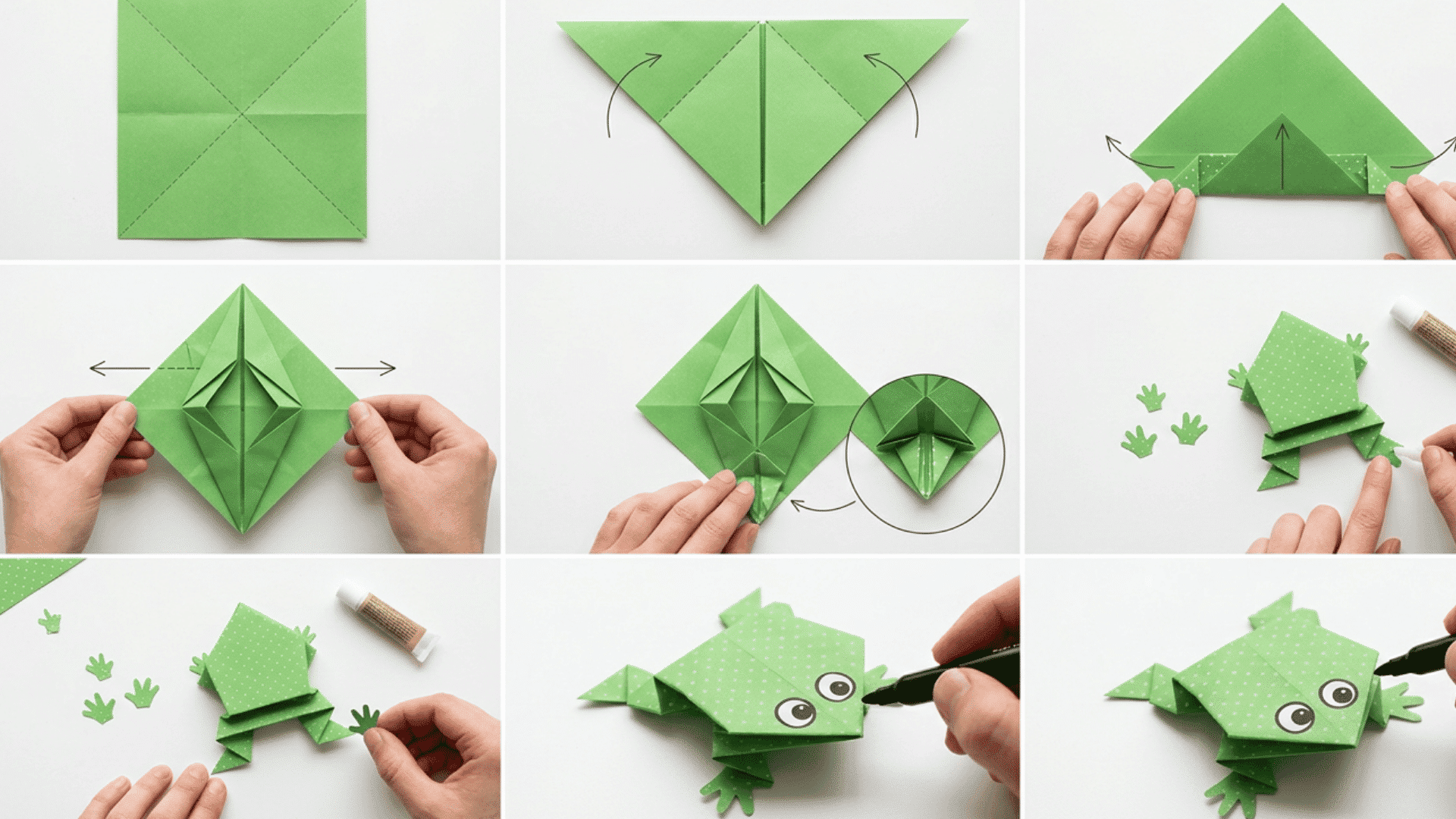a realistic step-by-step visual tutorial showing how to fold an origami frog from a square sheet of paper.