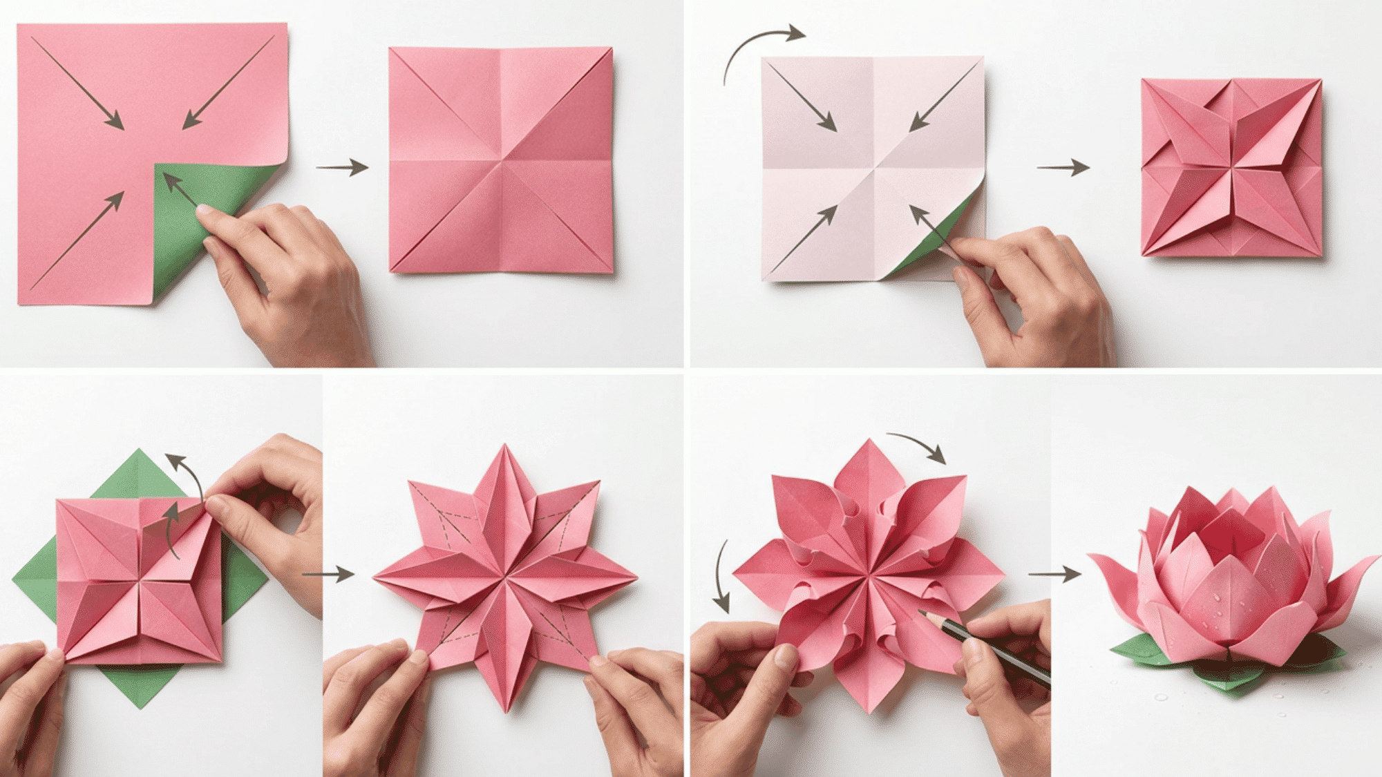 a step-by-step visual tutorial showing how to fold an origami lotus flower from a square paper sheet.
