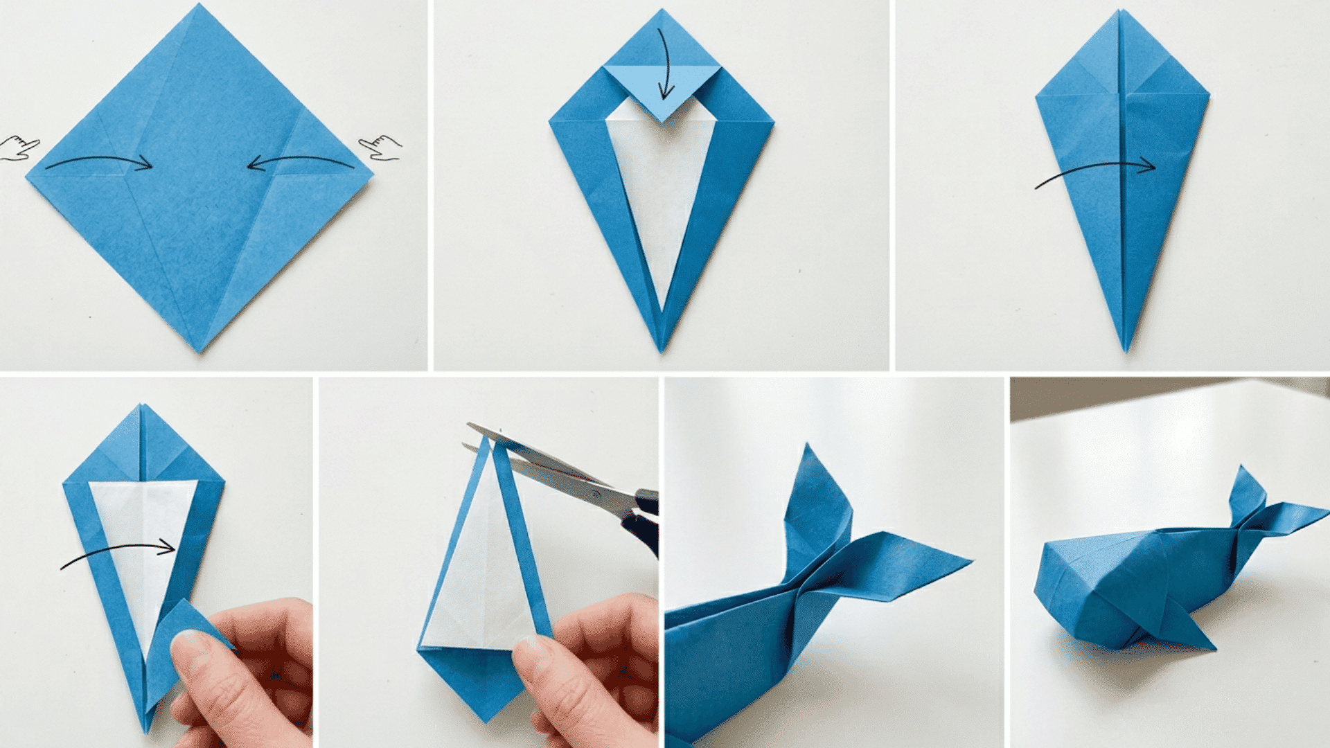 a realistic step-by-step visual tutorial showing how to fold an origami whale from a square sheet of paper.