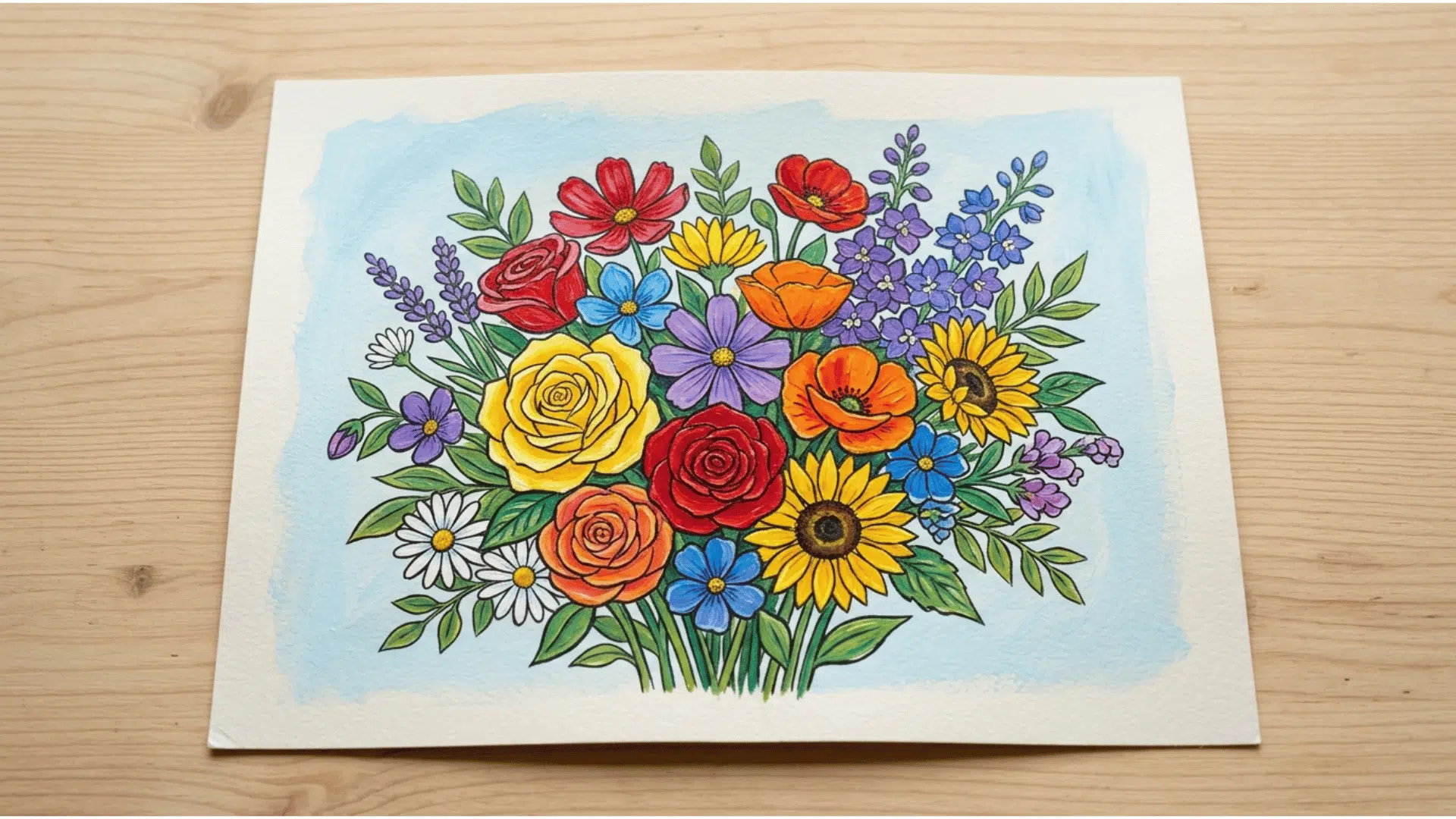 outlined acrylic floral painting with defined edges and graphic details