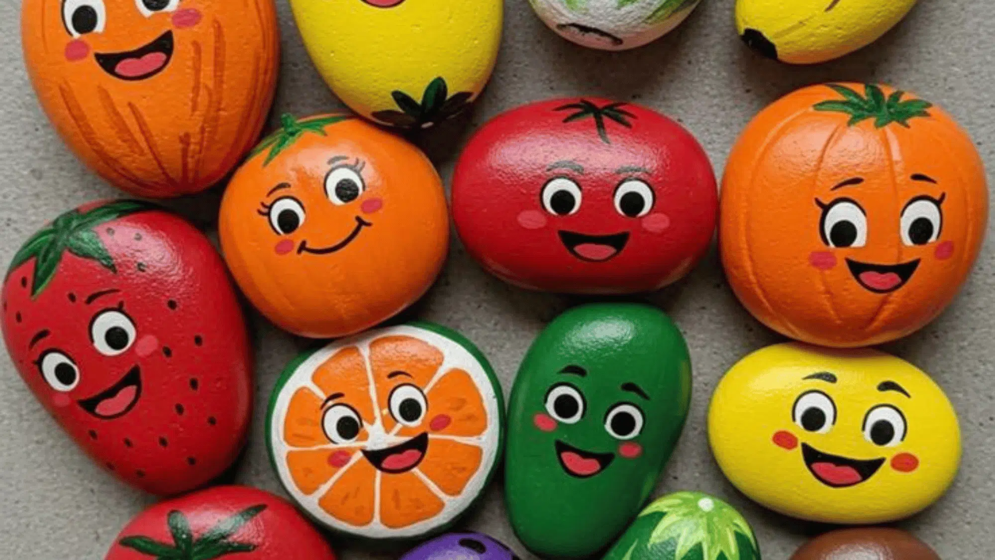 colorful rocks painted as smiling fruits and vegetables