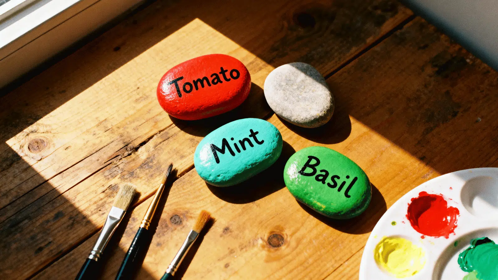 colorful painted rocks with plant names used as garden markers, a simple and creative arts and crafts idea to do at home