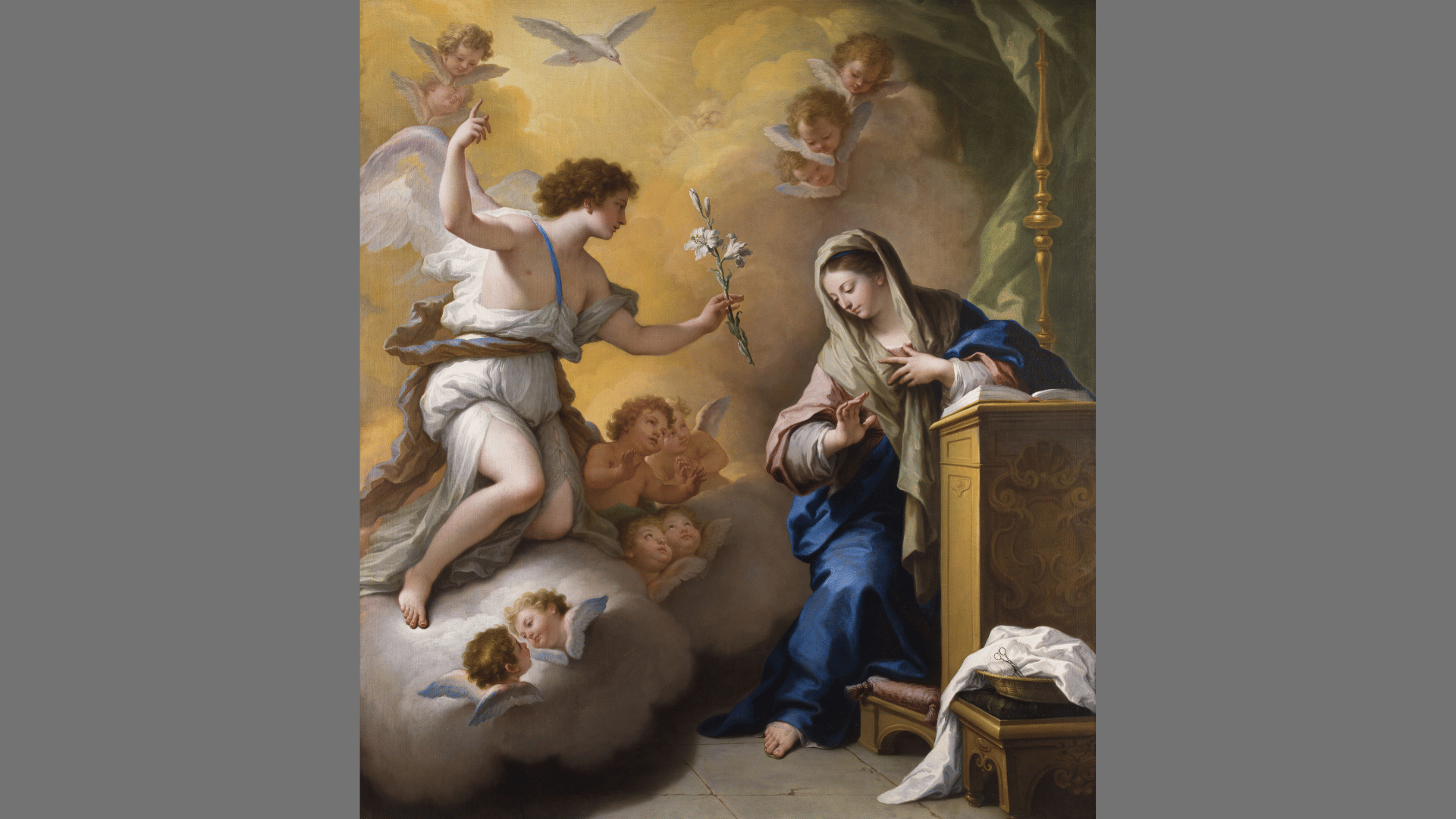 Painting of the Annunciation showing an angel with a white lily appearing to the Virgin Mary amid cherubs