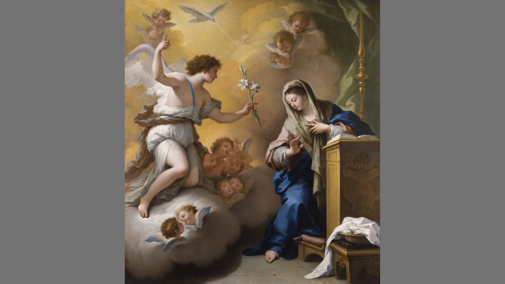 Painting of the Annunciation showing an angel with a white lily appearing to the Virgin Mary amid cherubs