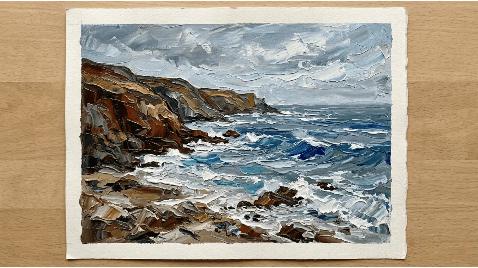 palette knife acrylic painting featuring bold textures in a coastal landscape