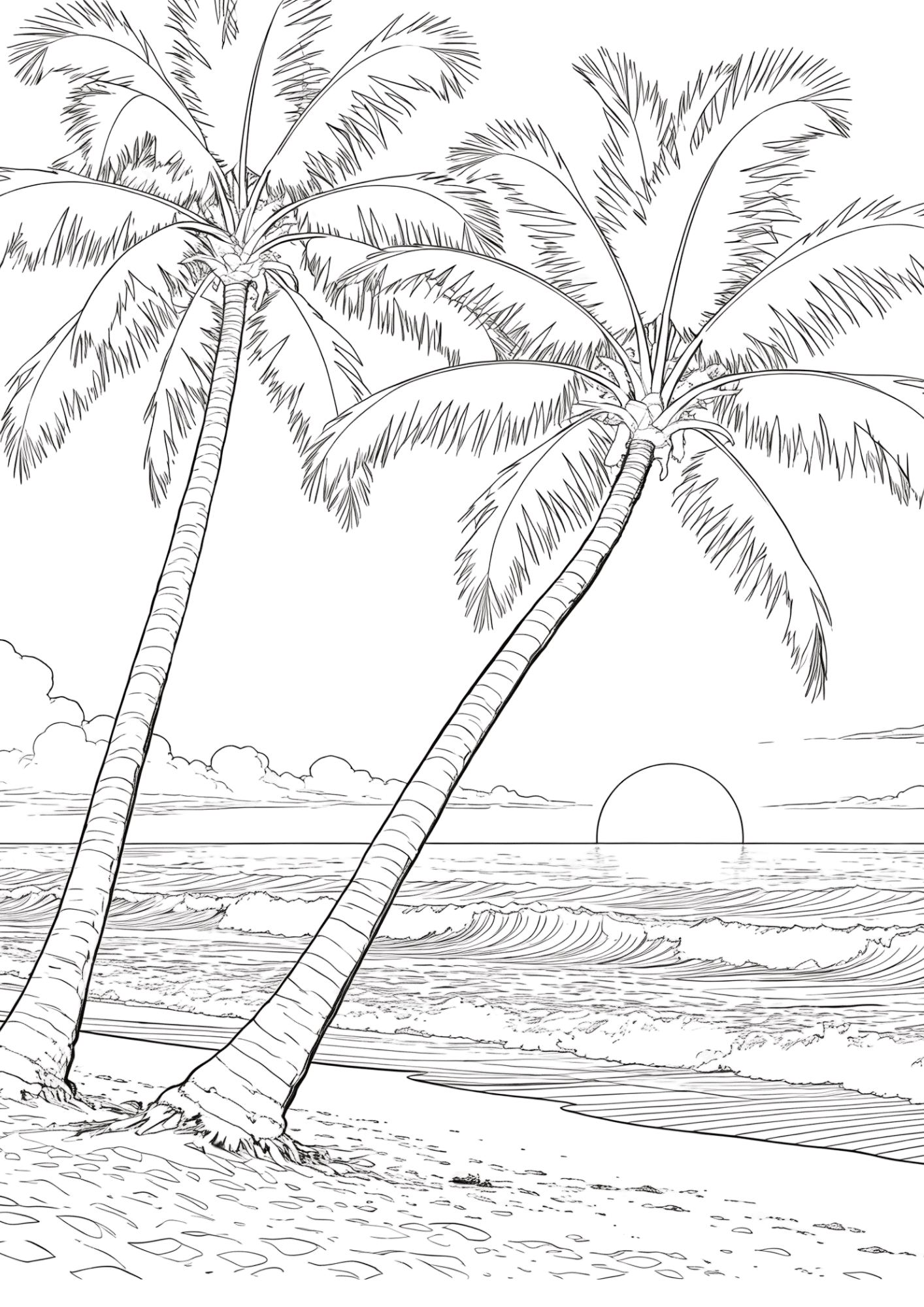 tropical beach palm trees ocean view black outline coloring page calm nature scene for kids