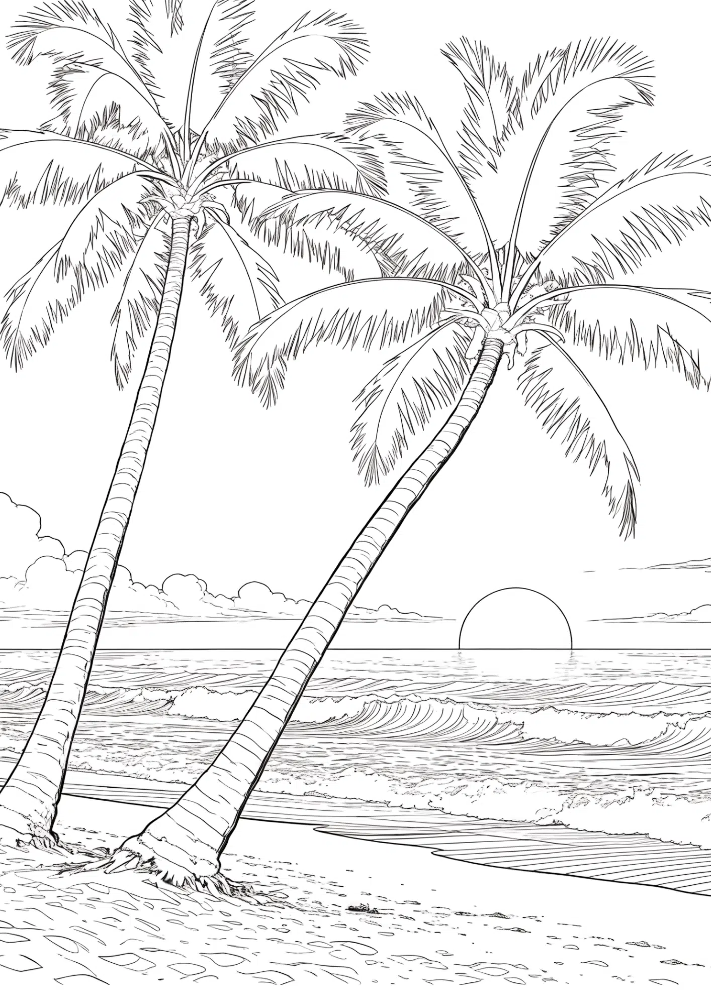 tropical beach palm trees ocean view black outline coloring page calm nature scene for kids