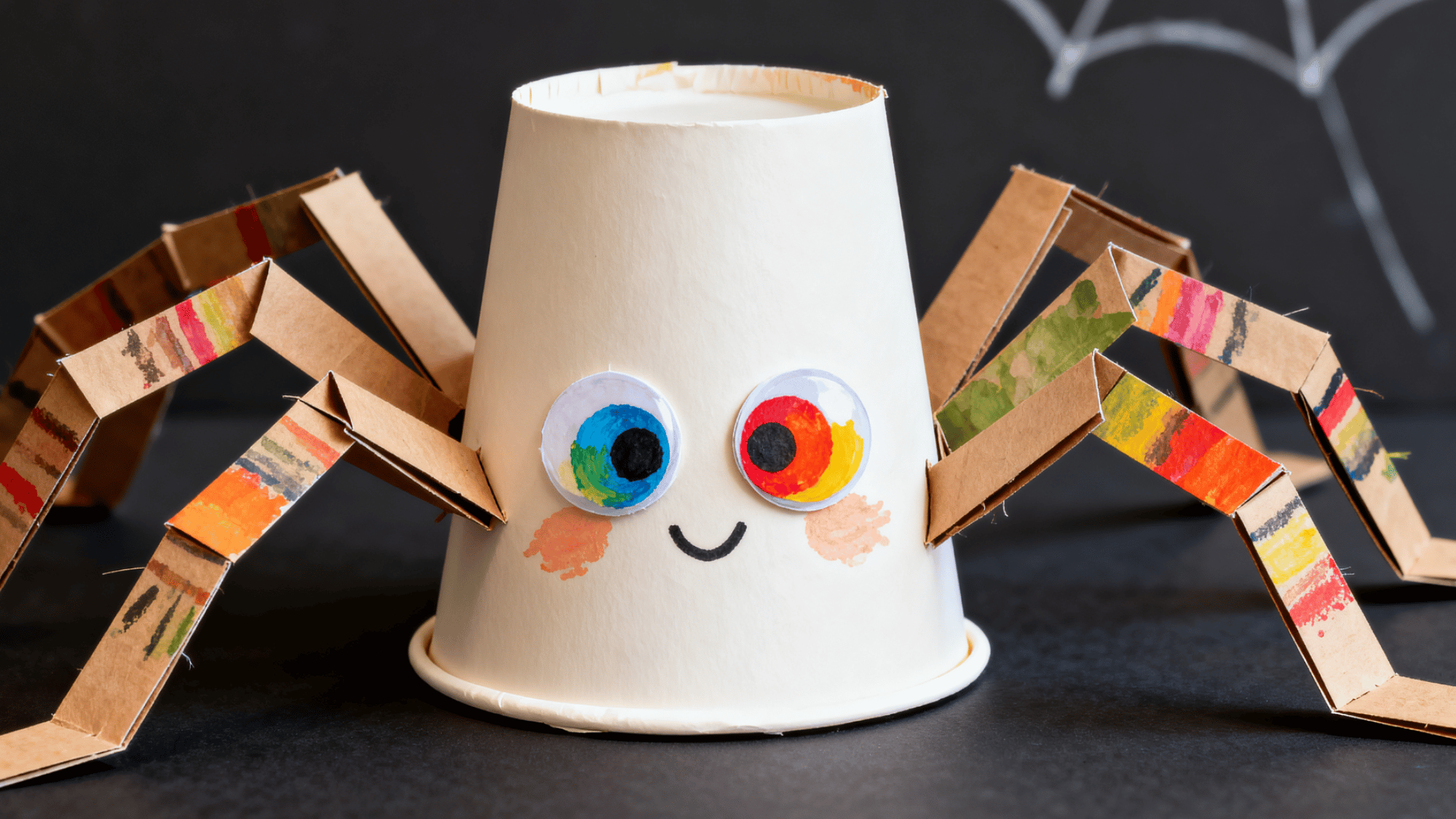 Paper-cup spider craft with legs and eyes