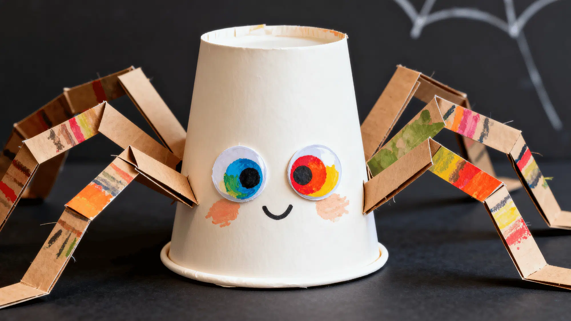 Paper-cup spider craft with legs and eyes