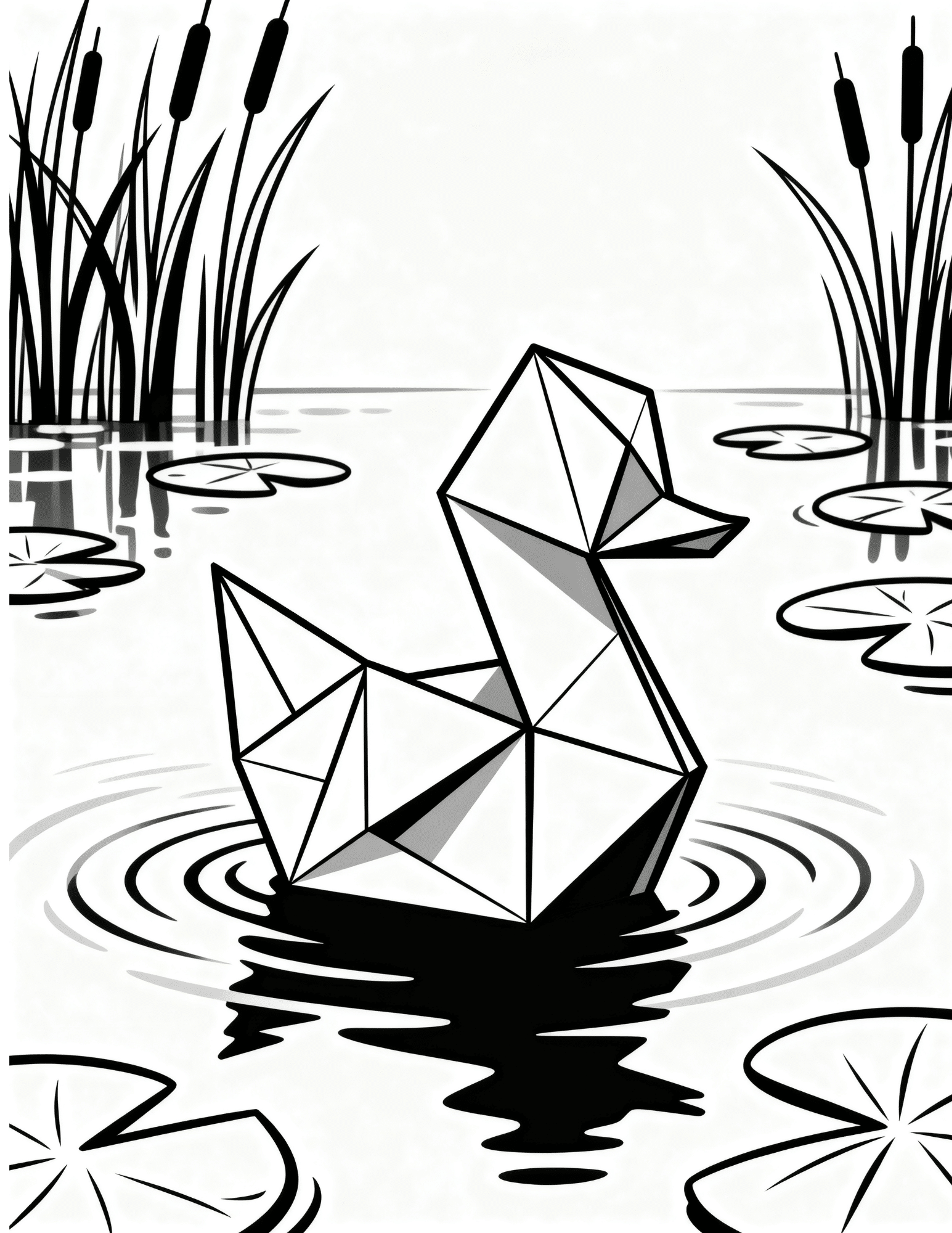 origami paper duck floating on pond with lily pads coloring page outline style