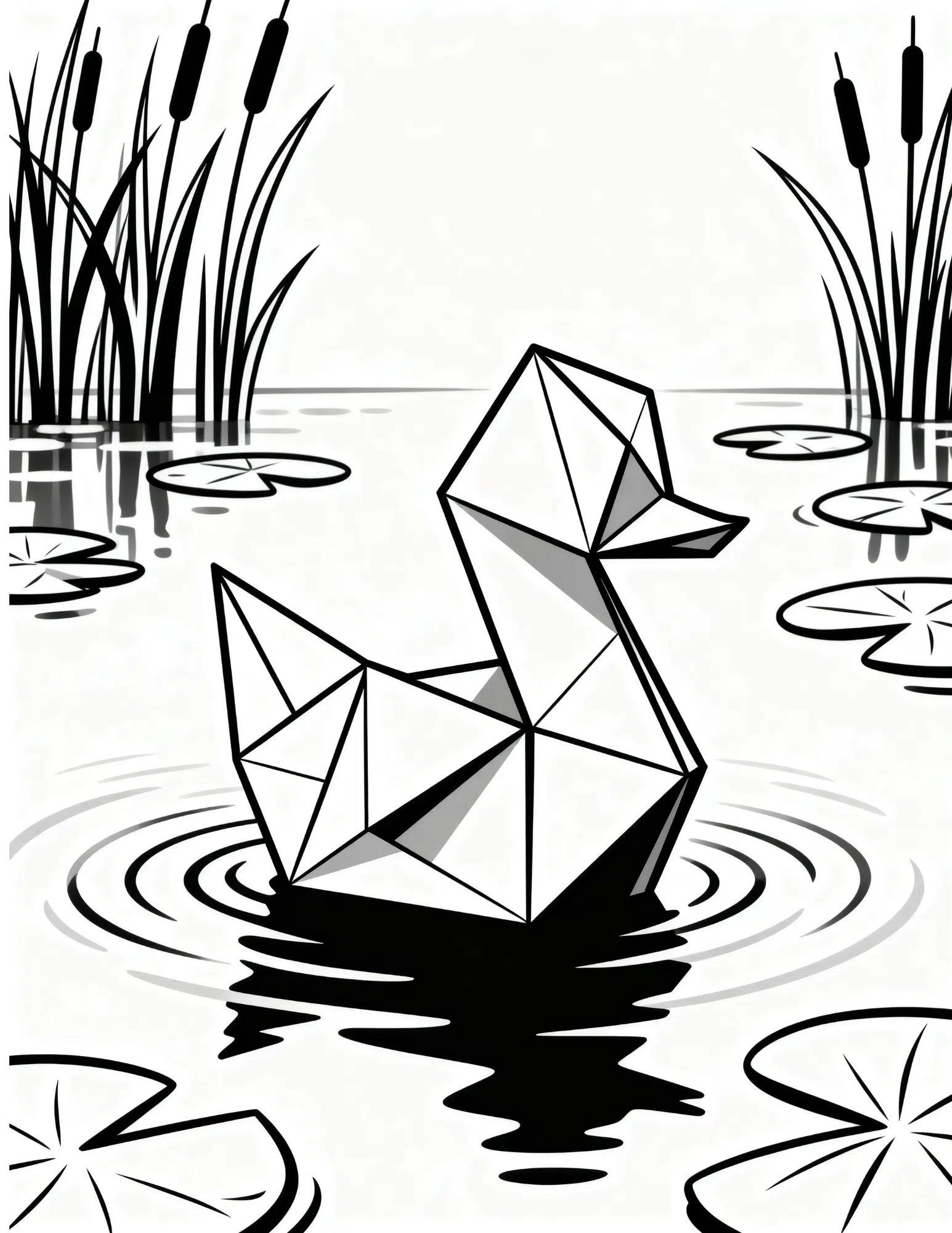 origami paper duck floating on pond with lily pads coloring page outline style