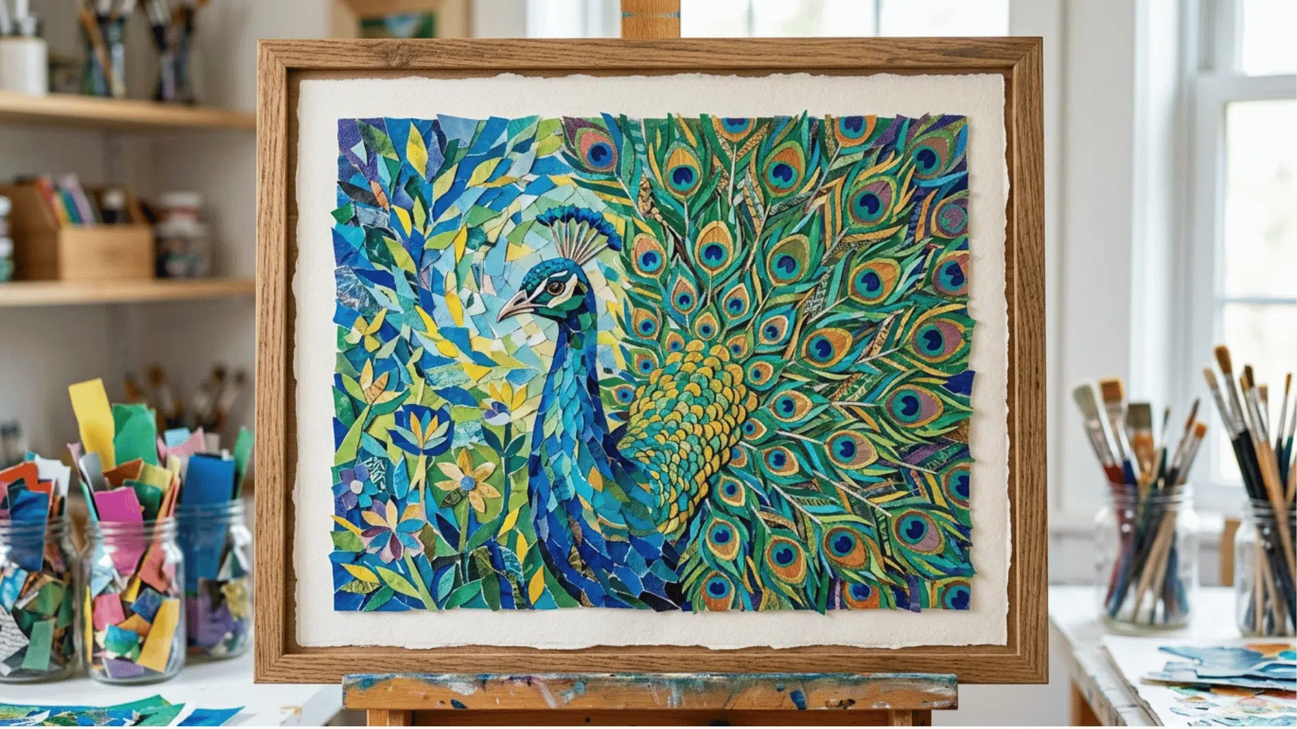 a peacock paper mosaic art made with colored paper
