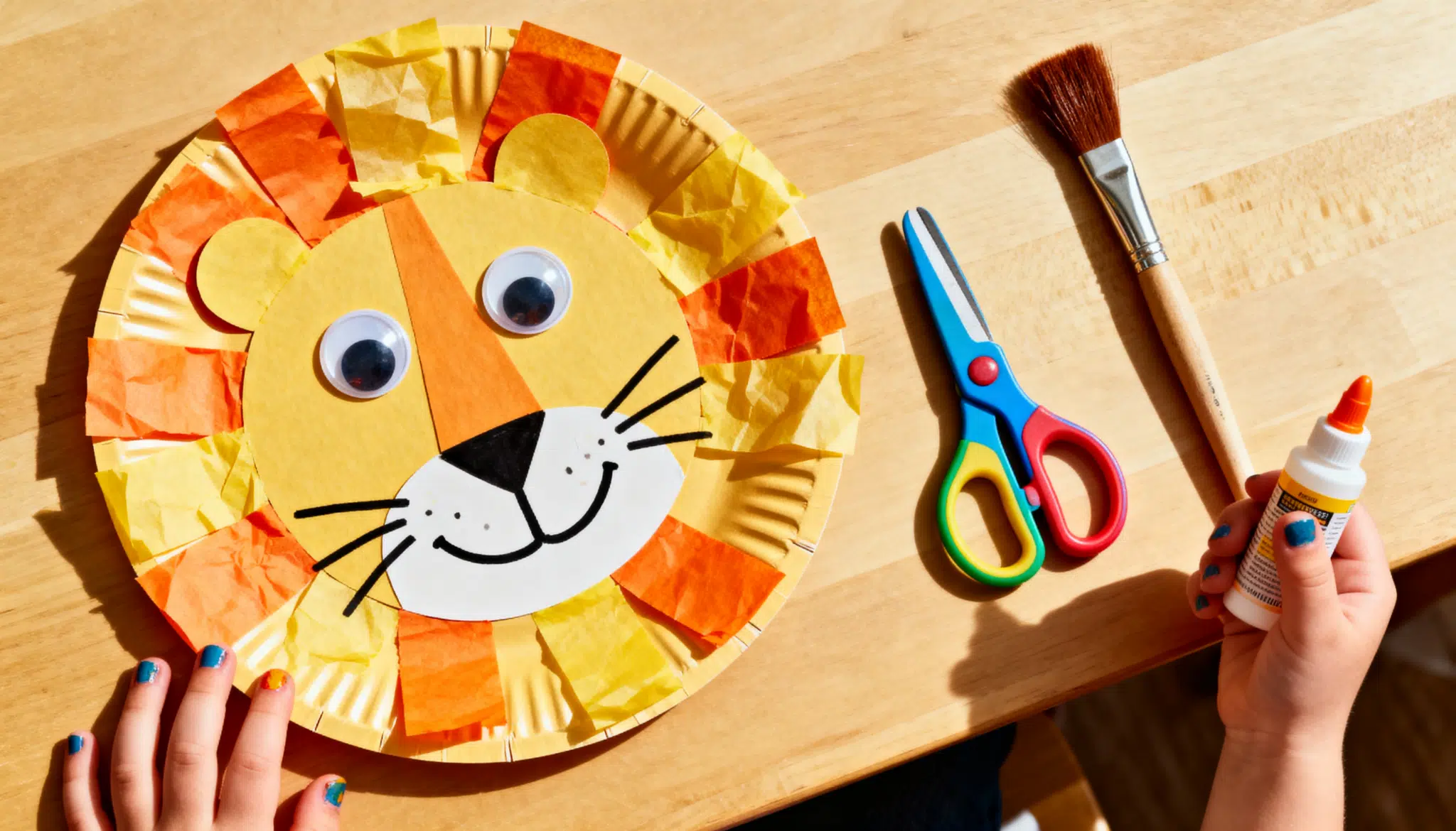 a child making paper plate lion craft at home using paint and googly eyes, fun simple craft for kids ages 6 to 12