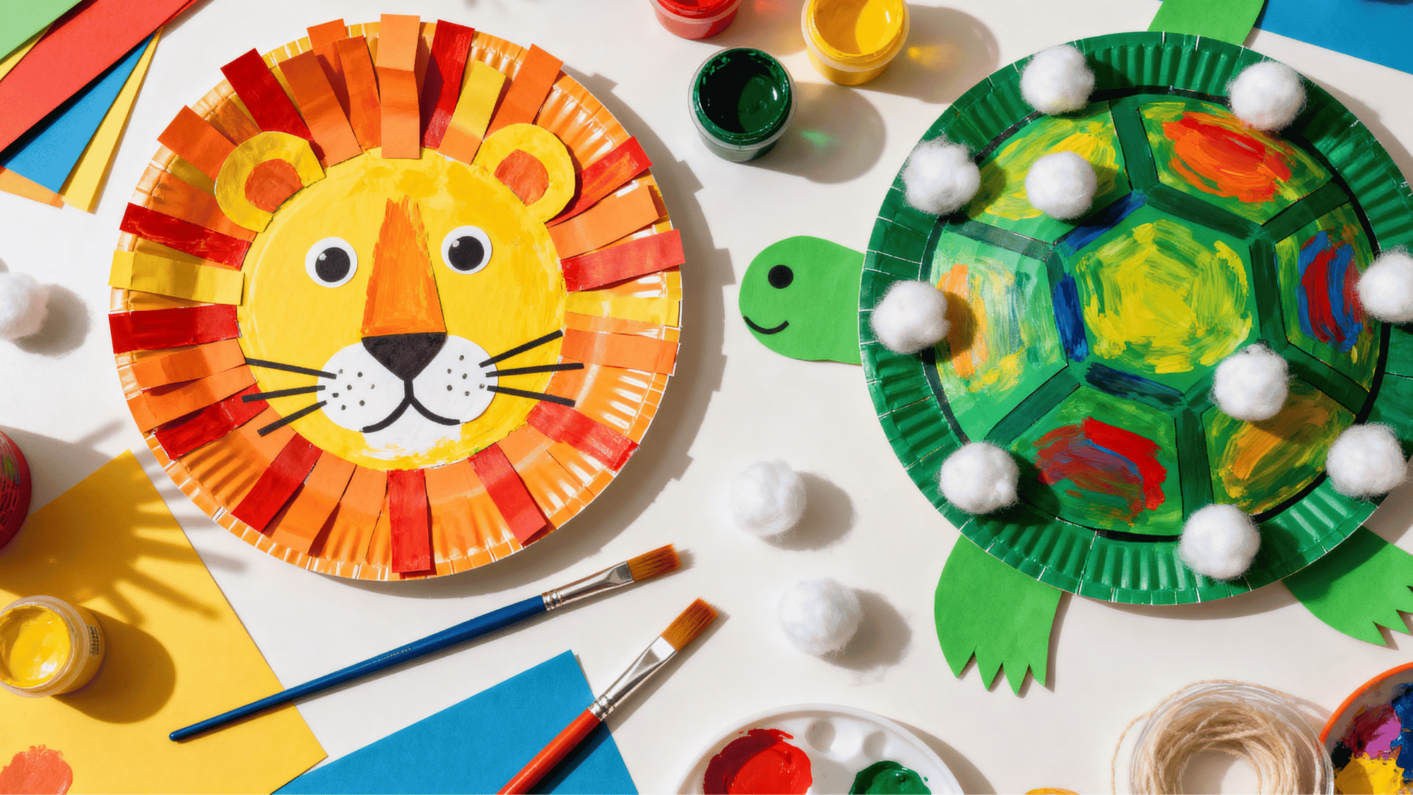 Paper plate <echighlighted><echighlighted><echighlighted><echighlighted><echighlighted><echighlighted><echighlighted>animal crafts</echighlighted></echighlighted></echighlighted></echighlighted></echighlighted></echighlighted></echighlighted> including a painted lion face and a turtle shell with paper and cotton details on a table.