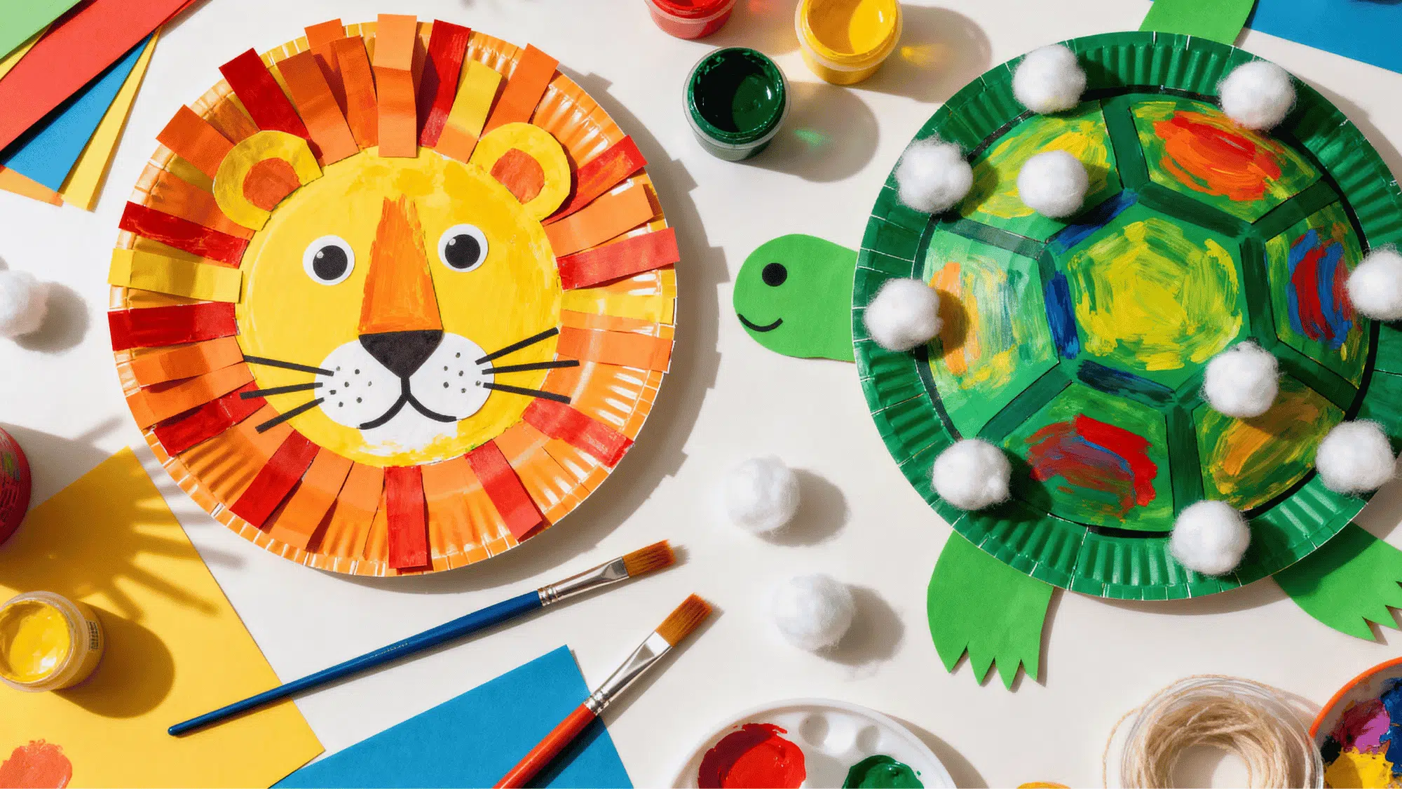 Paper plate <echighlighted><echighlighted><echighlighted><echighlighted><echighlighted><echighlighted><echighlighted>animal crafts</echighlighted></echighlighted></echighlighted></echighlighted></echighlighted></echighlighted></echighlighted> including a painted lion face and a turtle shell with paper and cotton details on a table.