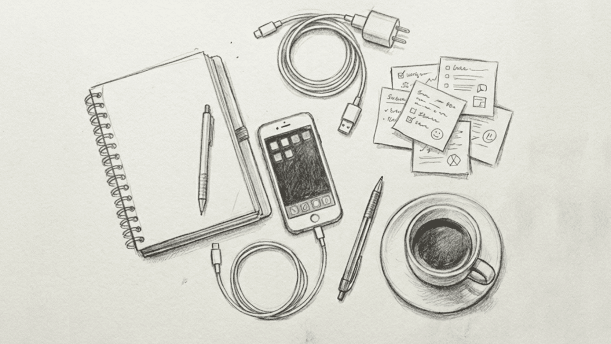 pencil drawing of everyday desk items including notebook phone cables pens sticky notes and coffee cup