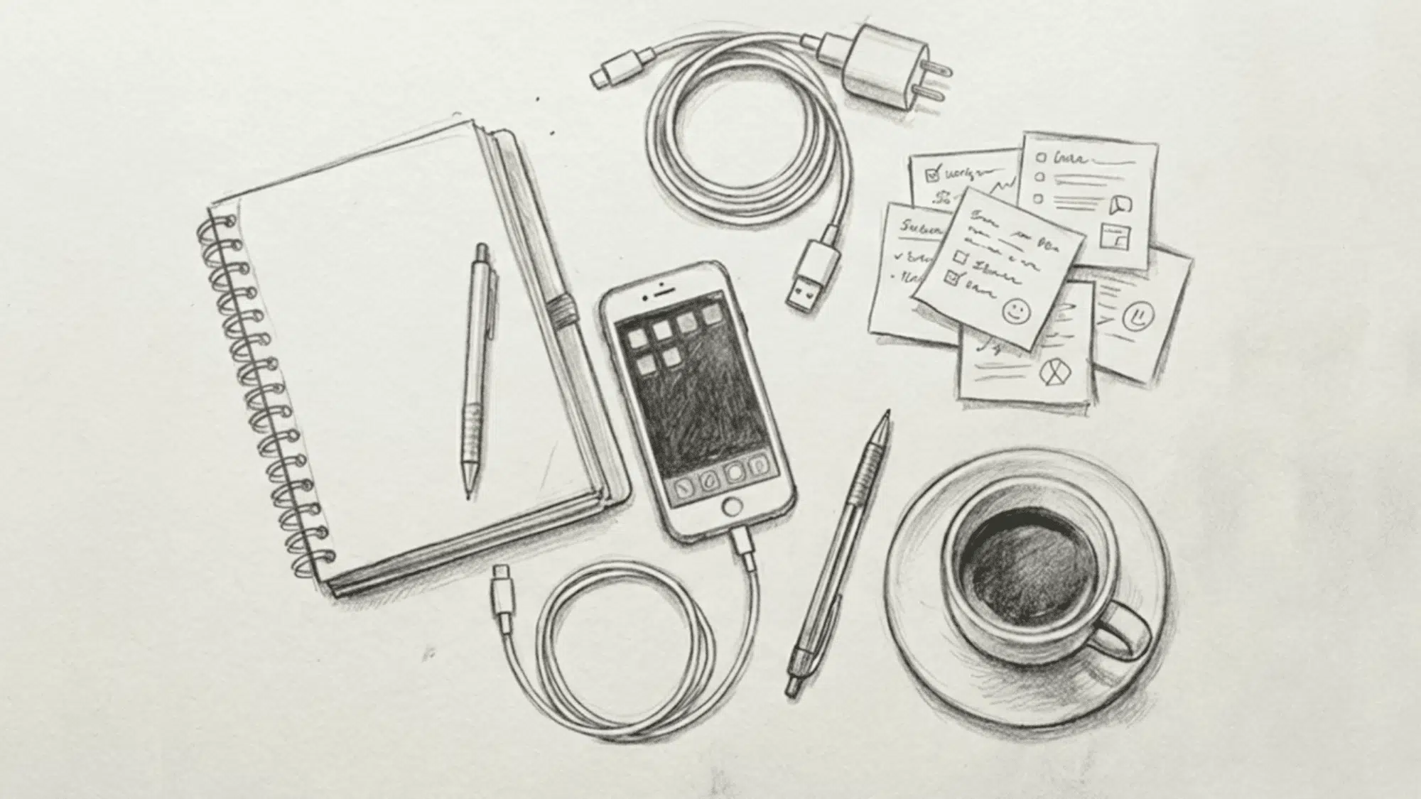 pencil drawing of everyday desk items including notebook phone cables pens sticky notes and coffee cup