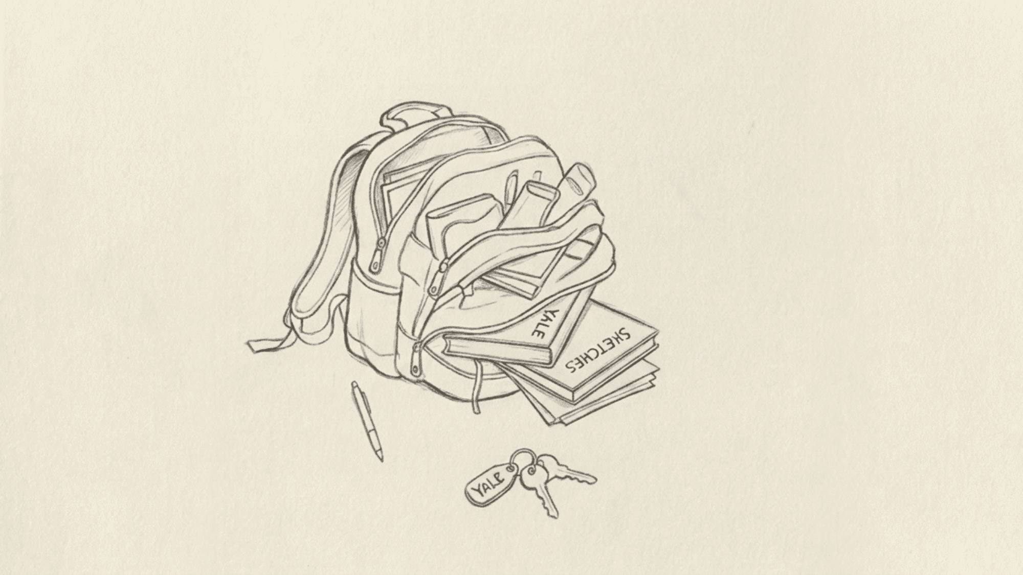 pencil-drawing-of-open-backpack-with-books-notebook-pen-keys-and-school-supplies-spilling-out