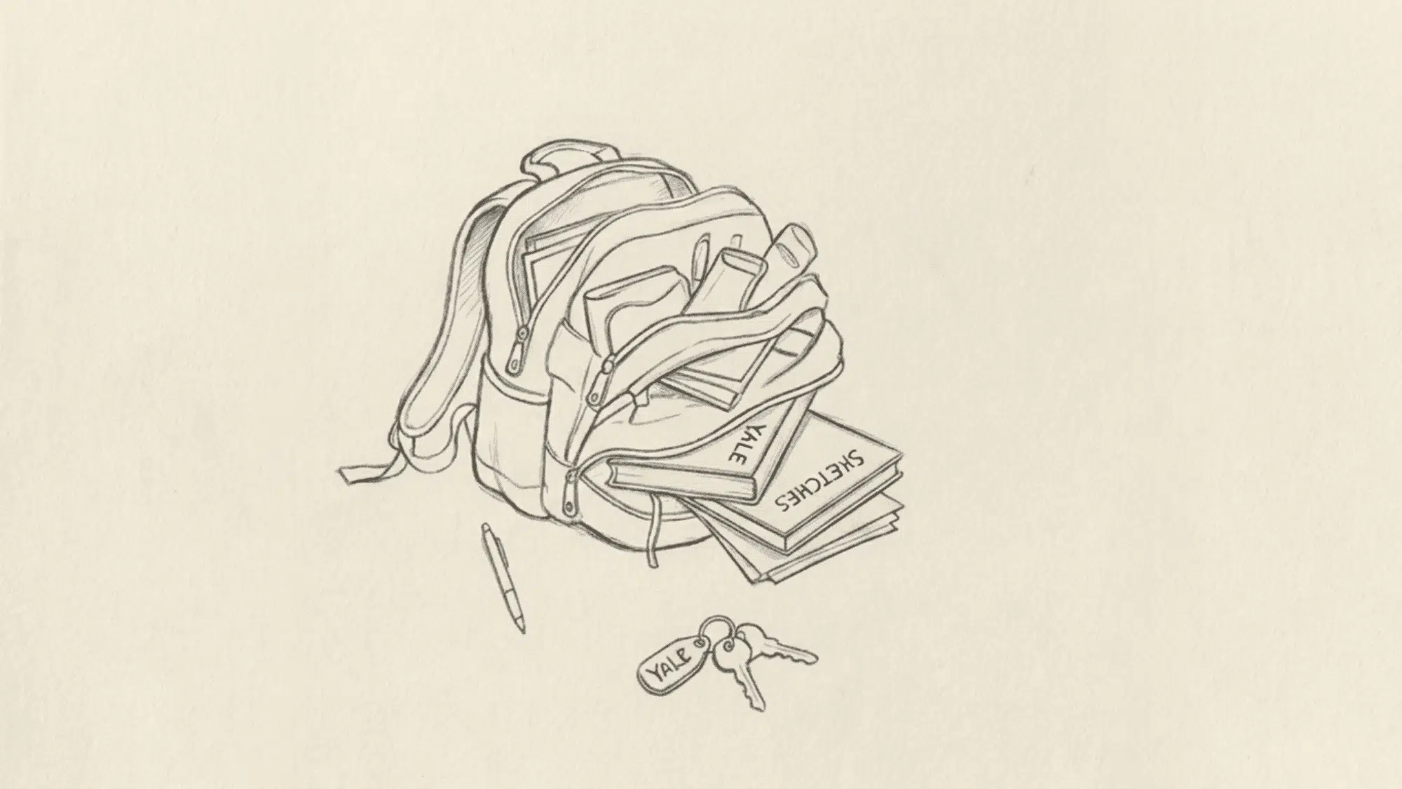 pencil-drawing-of-open-backpack-with-books-notebook-pen-keys-and-school-supplies-spilling-out