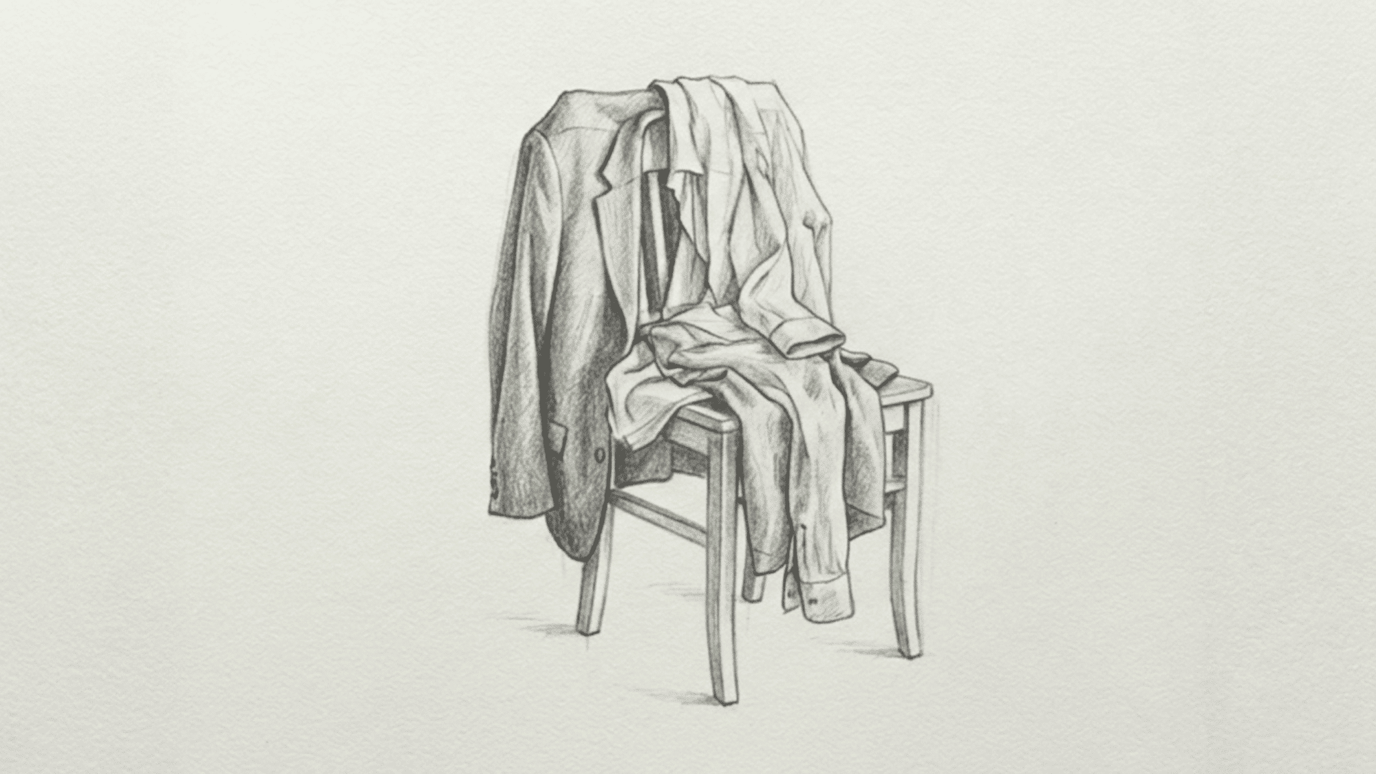 pencil-drawing-of-wooden-chair-with-neatly-draped-blazer-shirt-and-trousers-on-white-background