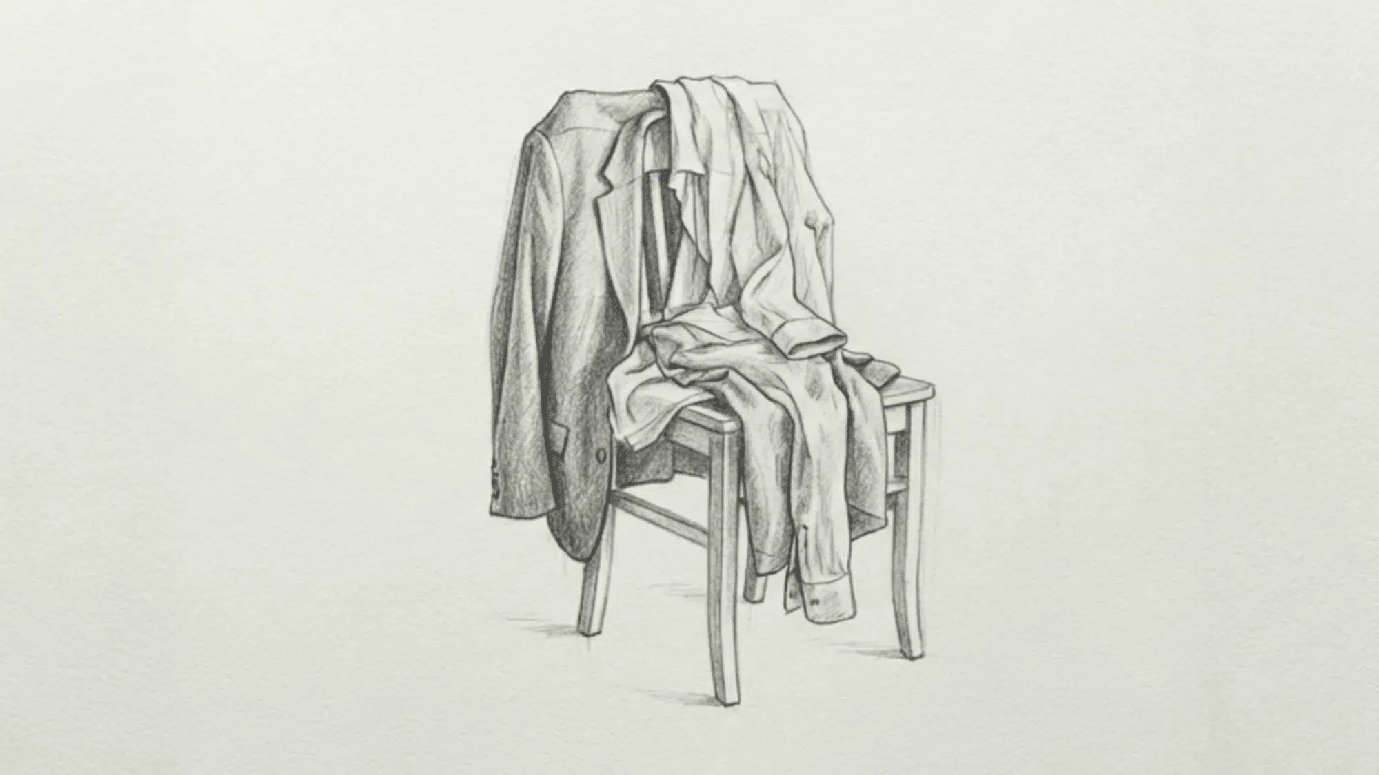 pencil-drawing-of-wooden-chair-with-neatly-draped-blazer-shirt-and-trousers-on-white-background