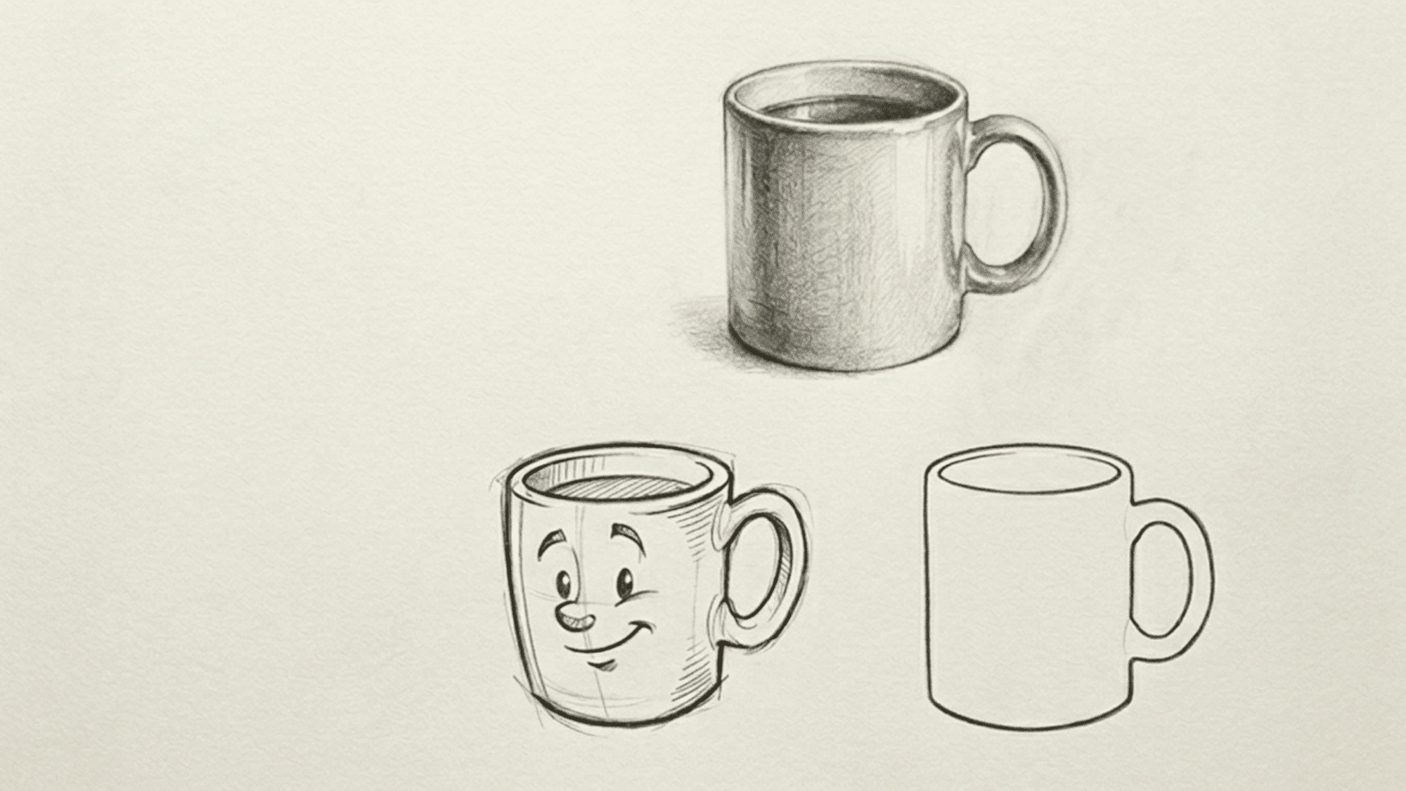 pencil-drawing-showing-three-mug-styles-including-realistic-cartoon-and-simple-outline-versions