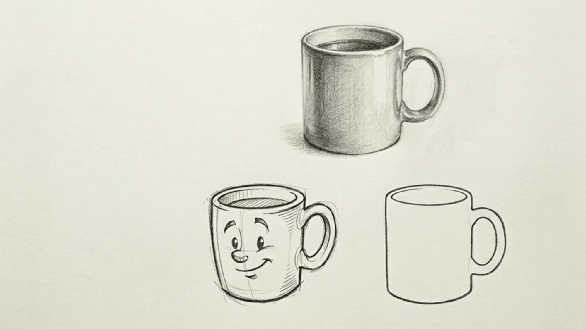 pencil-drawing-showing-three-mug-styles-including-realistic-cartoon-and-simple-outline-versions