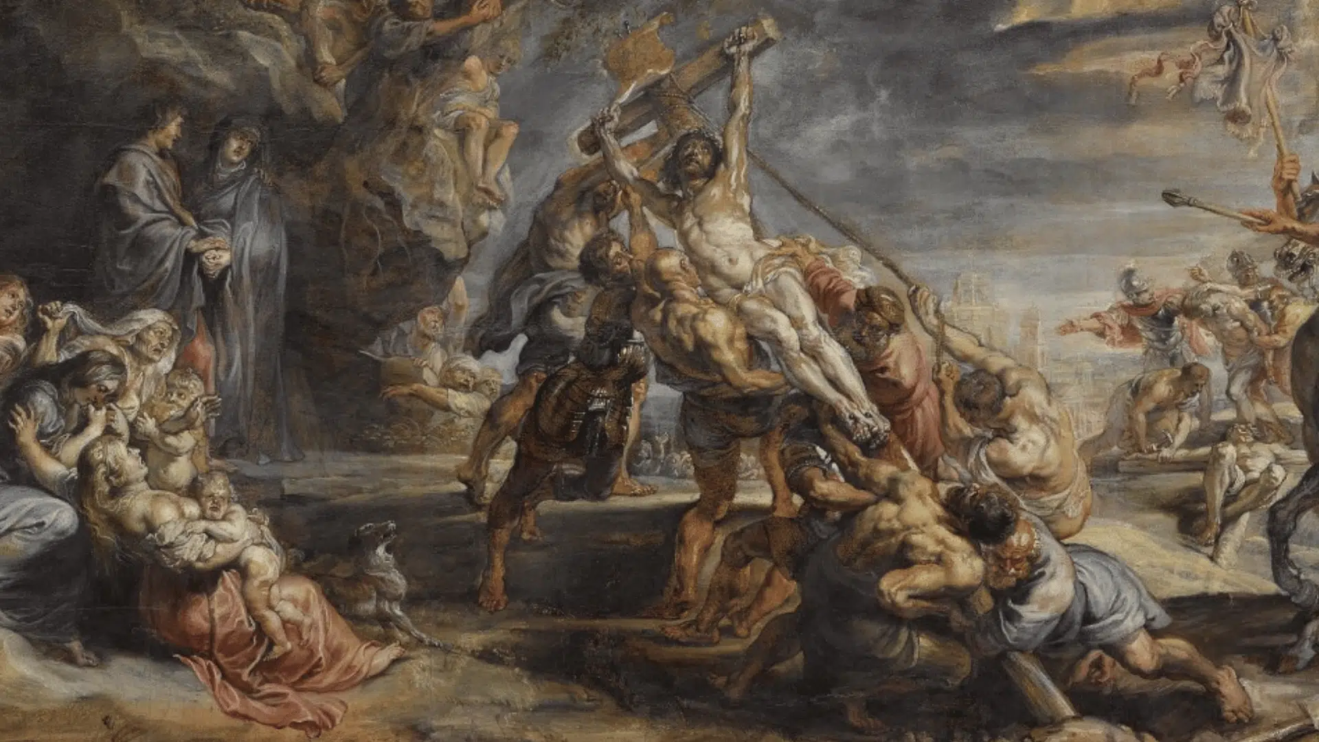 Peter Paul Rubens's painting The Elevation of the Cross, depicting strong men raising Jesus on the cross