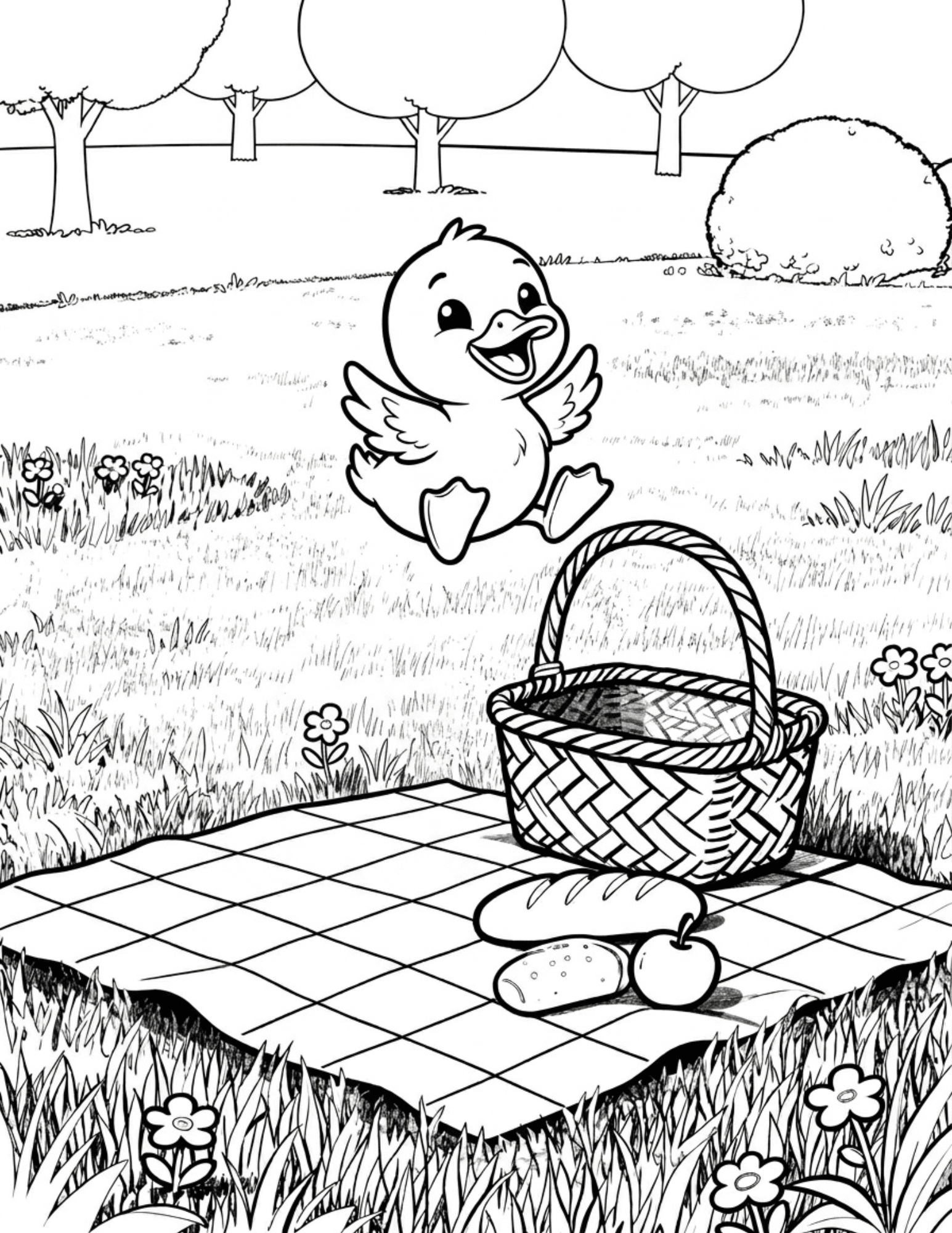 duck next to picnic basket in park with trees and blanket coloring page outline