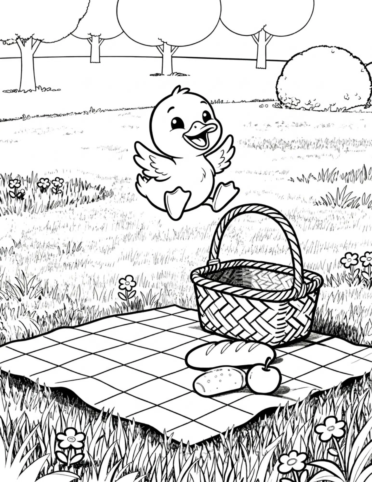 duck next to picnic basket in park with trees and blanket coloring page outline
