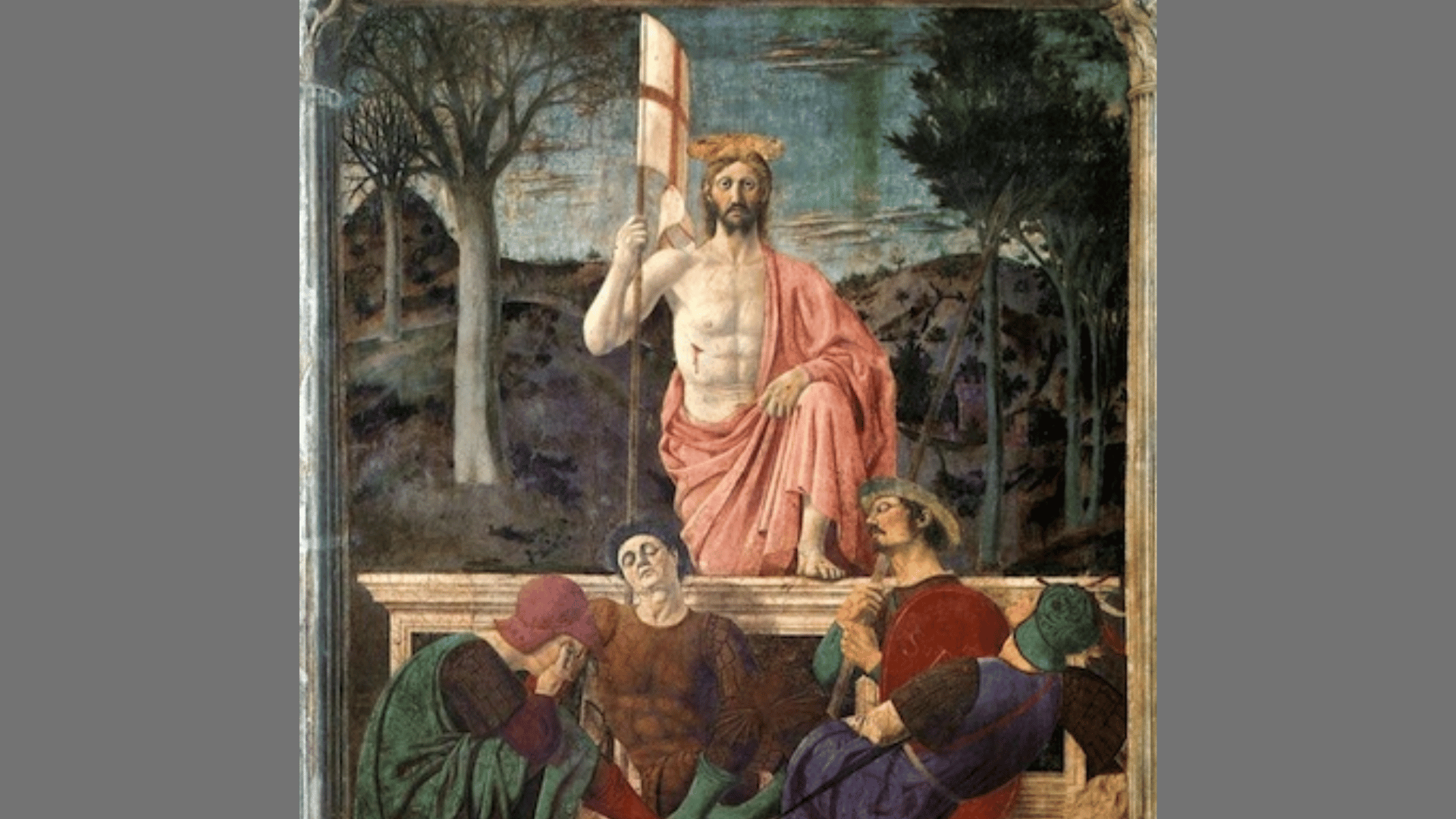 Piero della Francesca's The Resurrection, showing Jesus rising from his tomb above sleeping soldiers