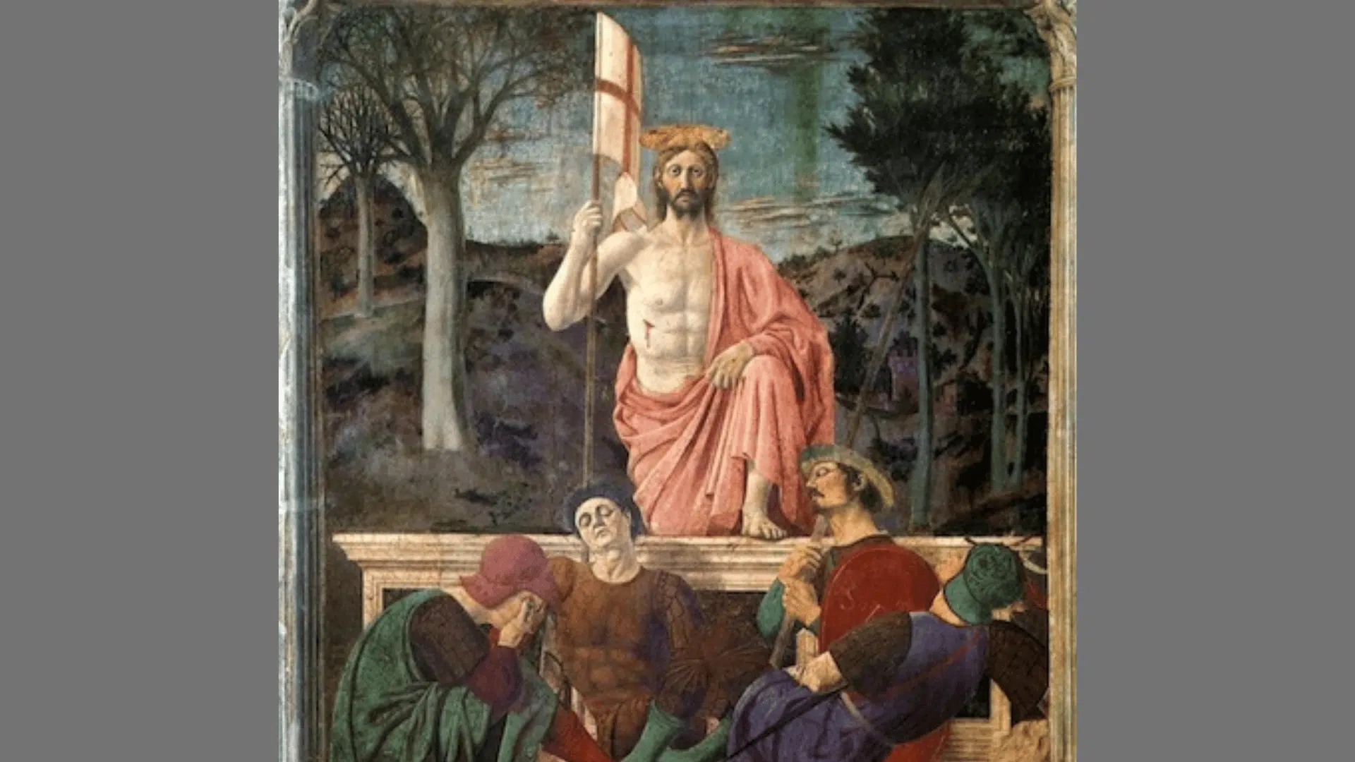 Piero della Francesca's The Resurrection, showing Jesus rising from his tomb above sleeping soldiers