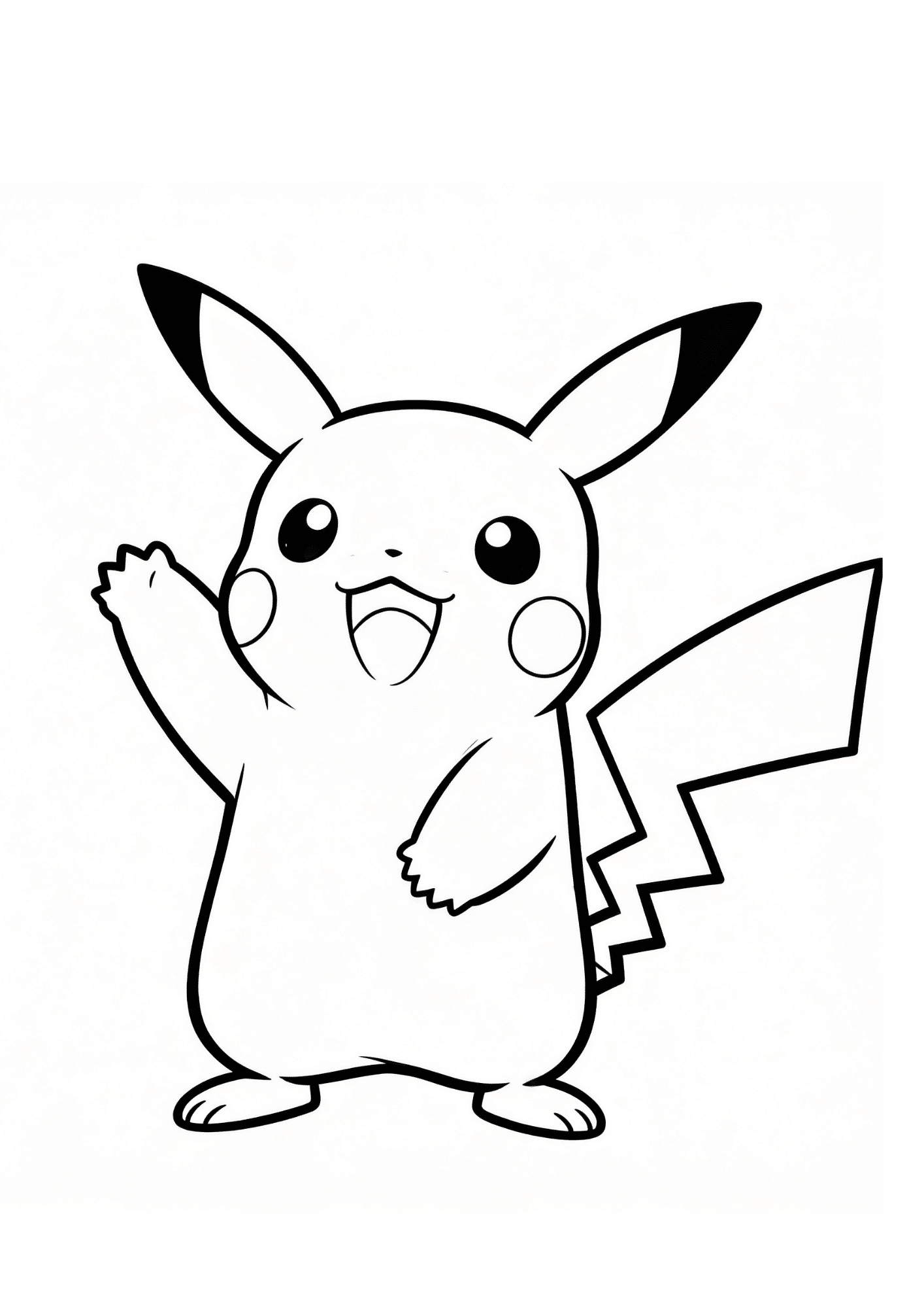 pikachu coloring page printable black outline smiling pikachu waving clean kids coloring sheet white background